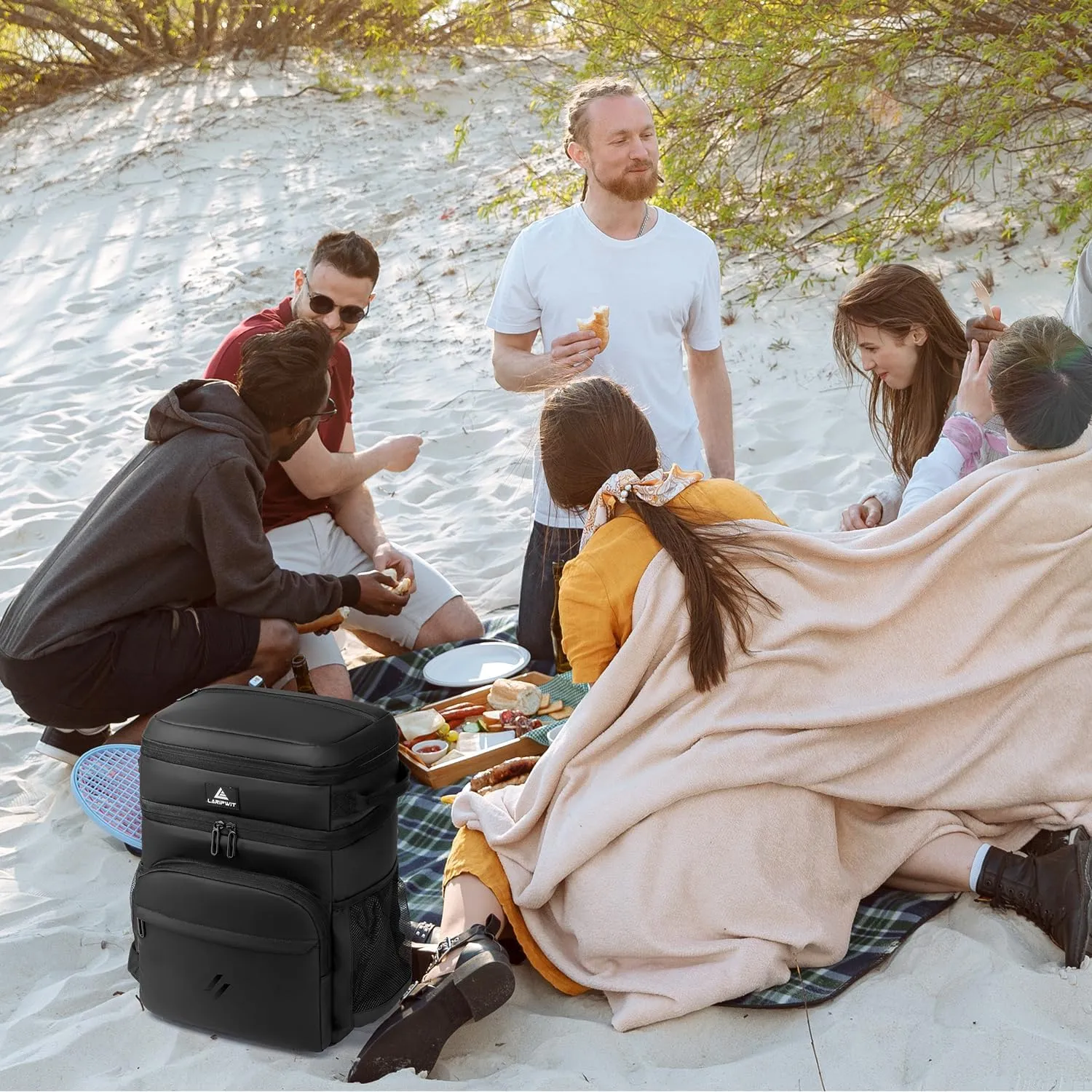 Laripwit Picnic Backpack Cooler Bag - 54 Cans Black Insulated Leak-Proof Lunch Backpack With Cooler Compartment, Large Double Deck Soft Bag for Beach, Camping, Travel