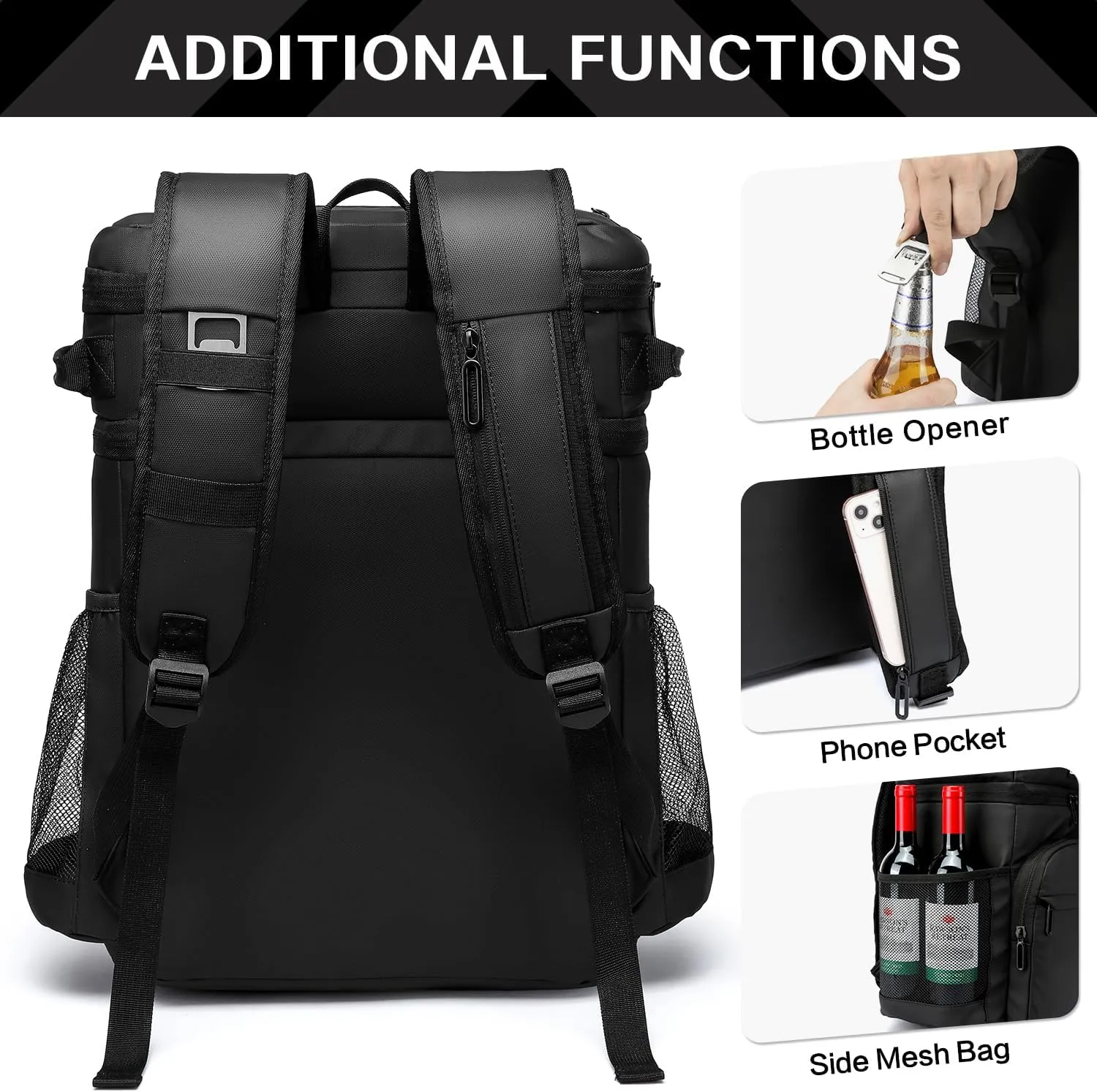 Laripwit Picnic Backpack Cooler Bag - 54 Cans Black Insulated Leak-Proof Lunch Backpack With Cooler Compartment, Large Double Deck Soft Bag for Beach, Camping, Travel