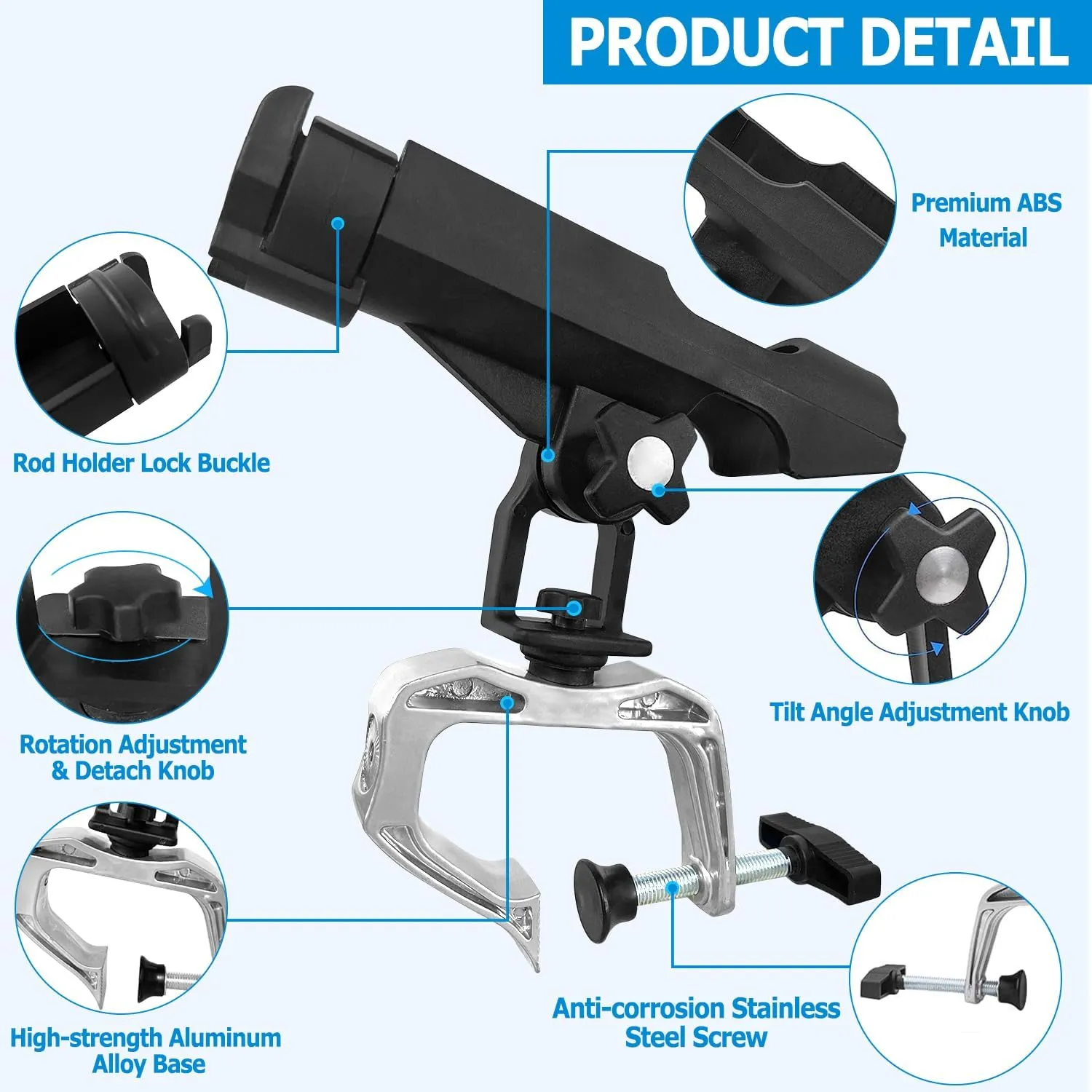 LBW Boat Fishing Rod Holder Clamp on Rod Holder 360 Degree Adjustable Dual-use Fishing Pole Holder for Boat Dock Pontoon Canoe 2 PCS