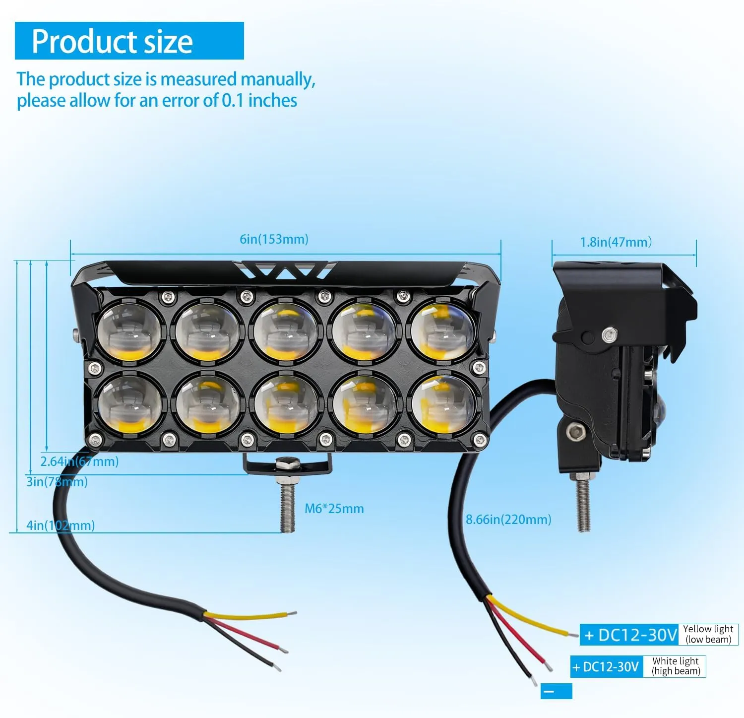 LED Motorcycle Spotlight Yellow/White Hi-Low Combo Beam Driving Fog Lights, 2Pcs 6.5Inch LED Offroad Pod Light, Dual Row External Work Auxiliary Lights for Trucks, Vehicles, ATVs, UTVs,Tractors