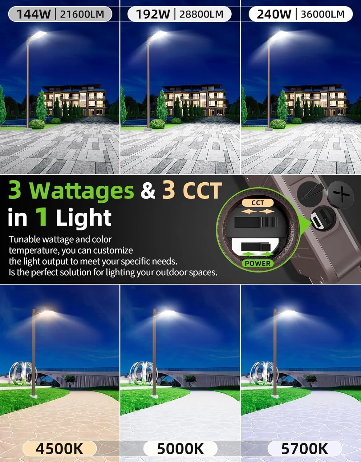 LED Parking Lot Light 240W 192W 144W Adjustable 4500K 5000K 5700K Tunable Up to 48000LM Photocell LED Shoebox Fixture Flood Pole Light Outdoor Field Lighting AC 100-277V