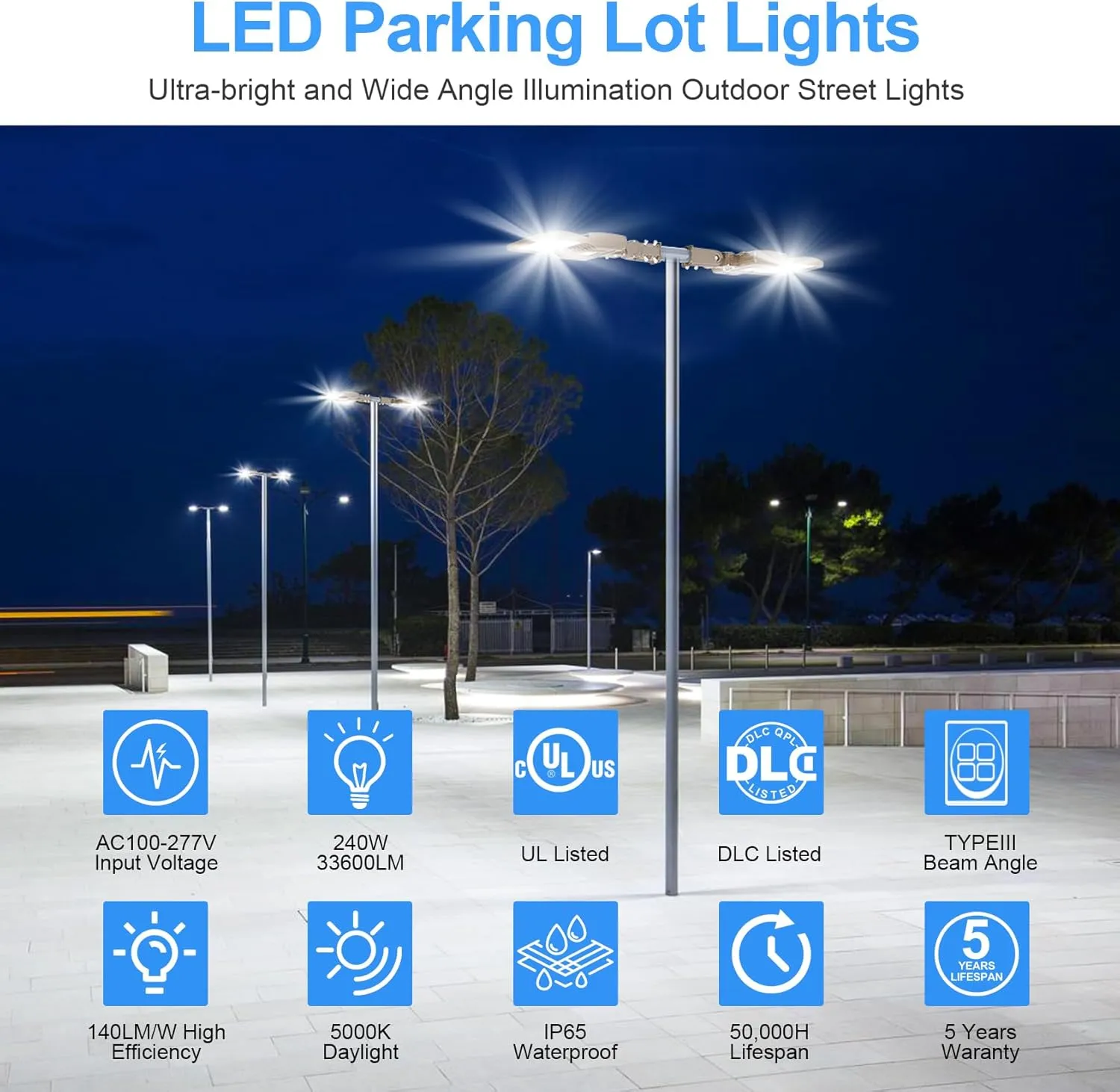 LED Parking Lot Lights 240W 33600LM LED Shoebox Pole Lights Fixture (800W HID/HPS Replacement) 5000K IP65 AC100-277V UL Listed Outdoor Area Street Security Lighting for Stadium Roadways