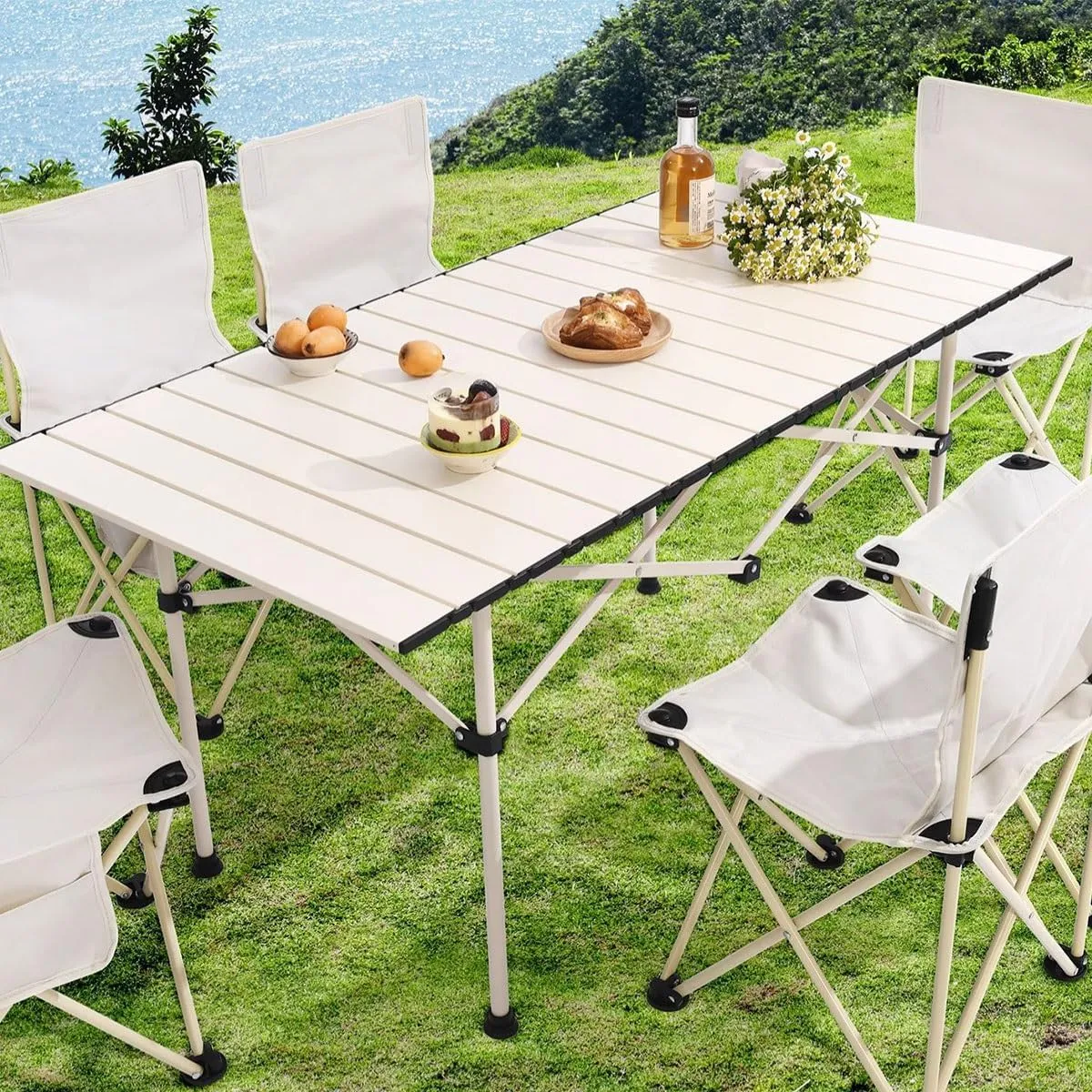 LEIYTFE Small Folding Table Sturdy Aluminum Camping Tables Lightweight Square with Carry Bag,2-4 People Roll Up Camp Table for Picnic, Backyards, BBQ(White,Table)