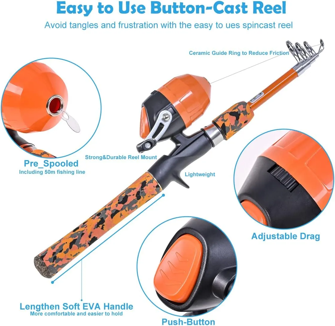 LEOFISHING Kids Fishing Pole Set with Full Starter Kits Portable Telescopic Fishing Rod and Spincast Reel with a Fishing Net and Bucket for Boys Girls and Youth