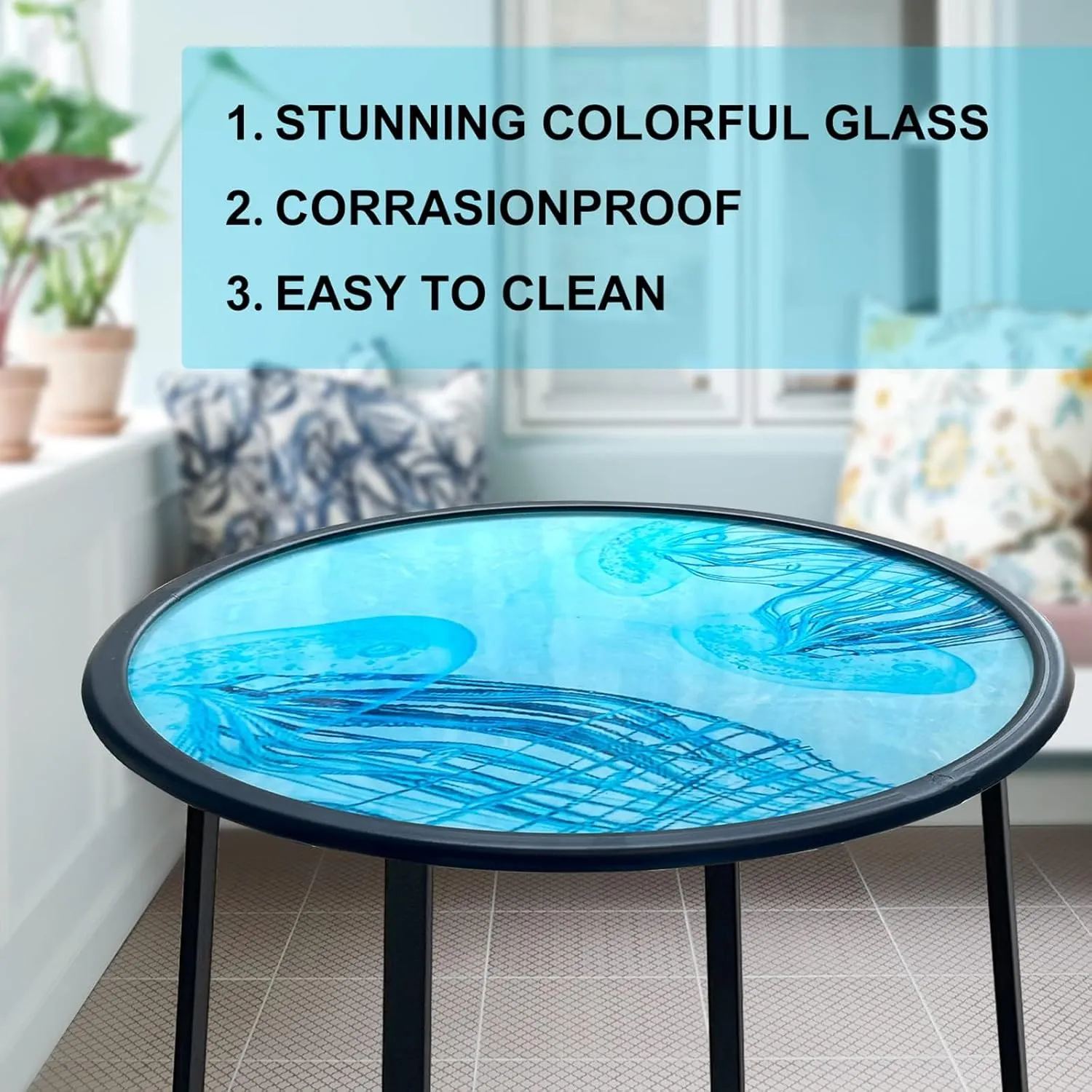 LIFFY Outdoor Side Table,14" Indoor Outdoor Round Glass Tabletop Accent Table with Metal Frame, Decorative Plant Stand & End Table for Home, Patio, Garden