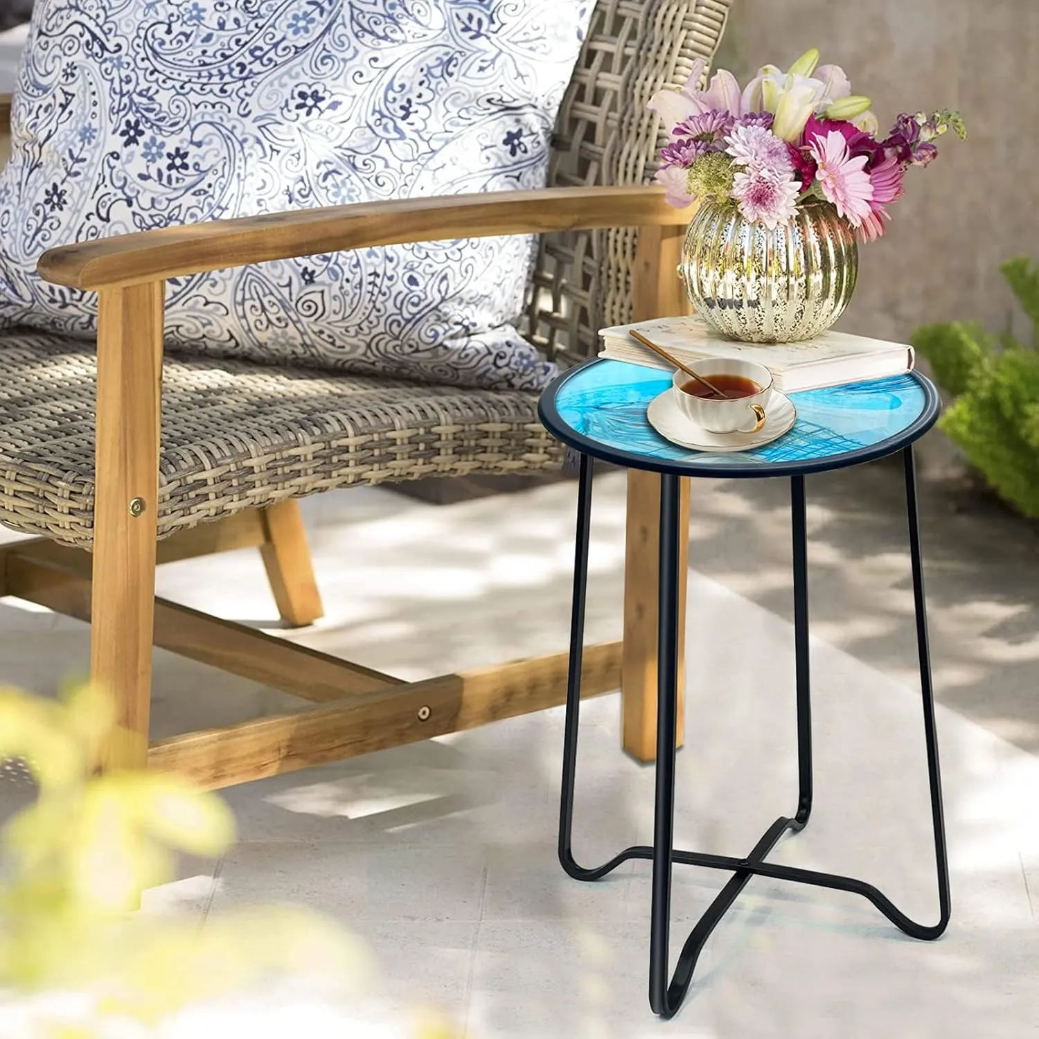 LIFFY Outdoor Side Table,14" Indoor Outdoor Round Glass Tabletop Accent Table with Metal Frame, Decorative Plant Stand & End Table for Home, Patio, Garden