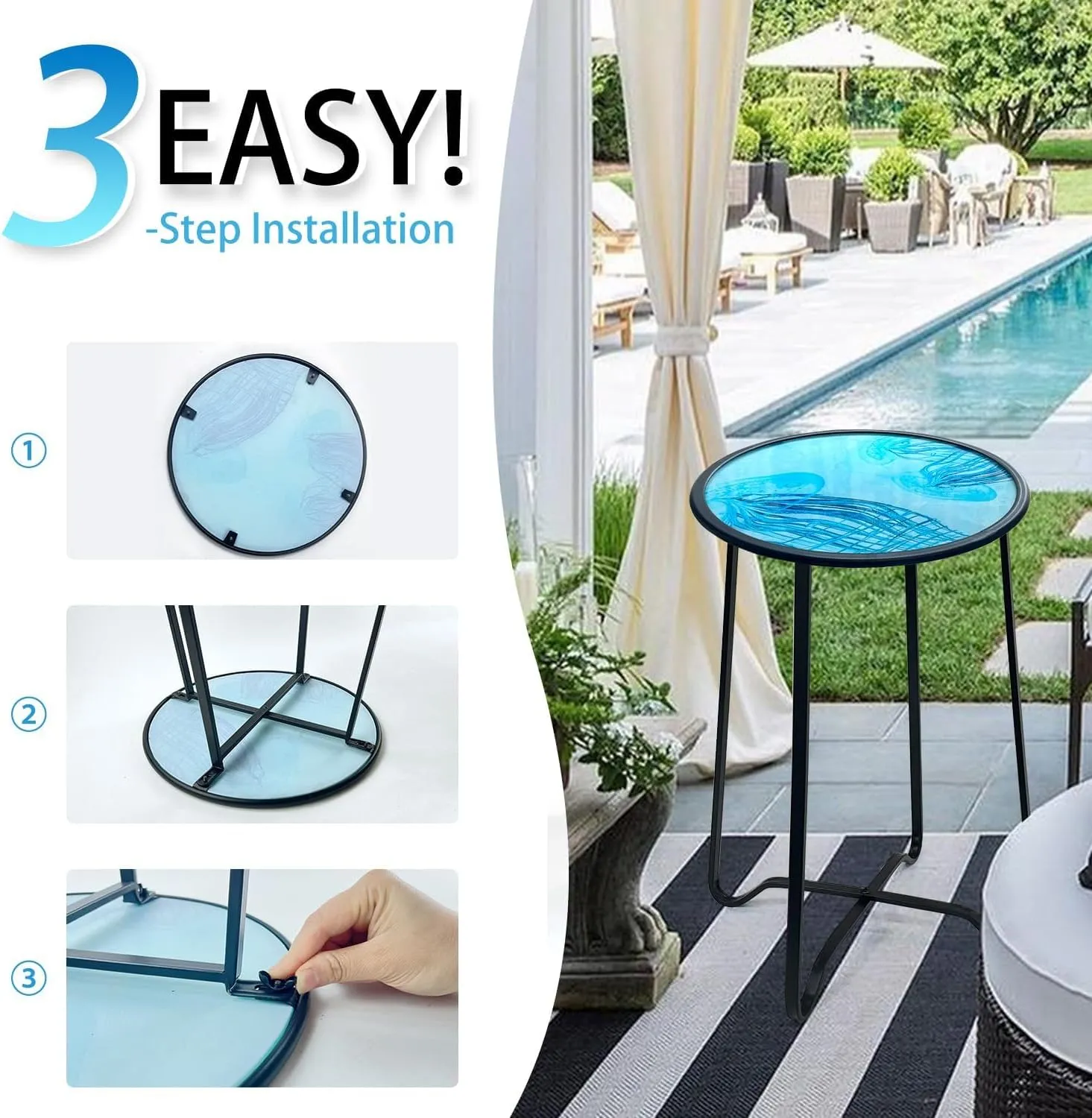 LIFFY Outdoor Side Table,14" Indoor Outdoor Round Glass Tabletop Accent Table with Metal Frame, Decorative Plant Stand & End Table for Home, Patio, Garden