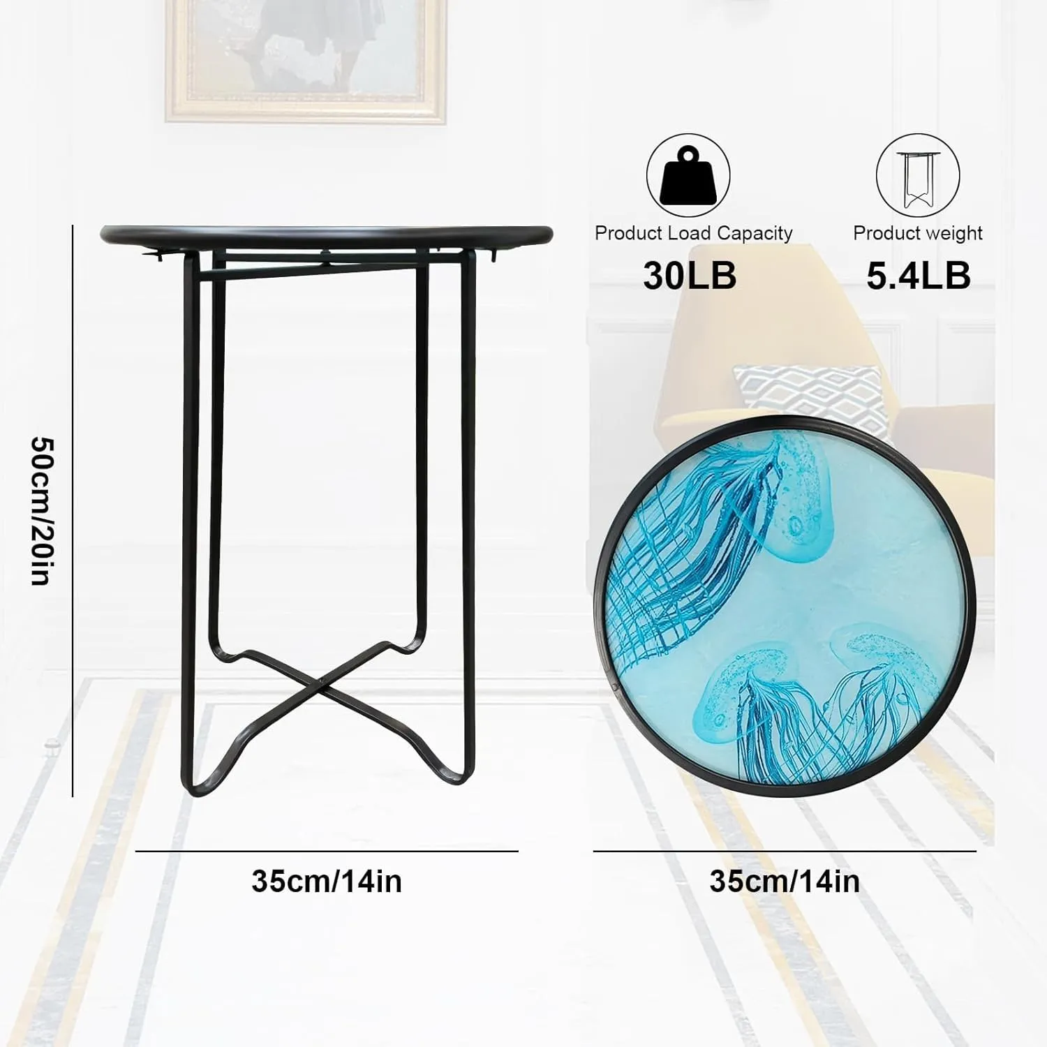 LIFFY Outdoor Side Table,14" Indoor Outdoor Round Glass Tabletop Accent Table with Metal Frame, Decorative Plant Stand & End Table for Home, Patio, Garden