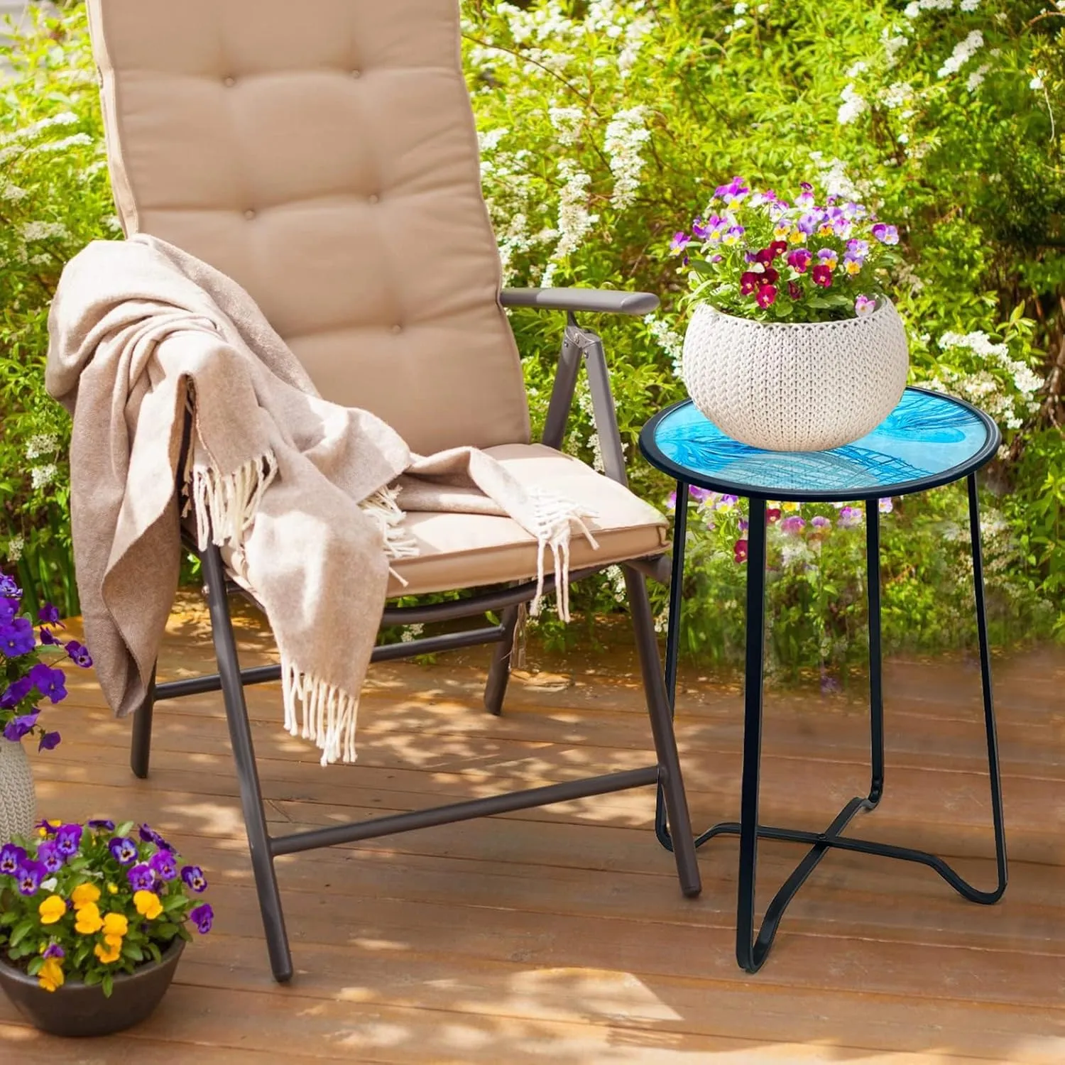 LIFFY Outdoor Side Table,14" Indoor Outdoor Round Glass Tabletop Accent Table with Metal Frame, Decorative Plant Stand & End Table for Home, Patio, Garden