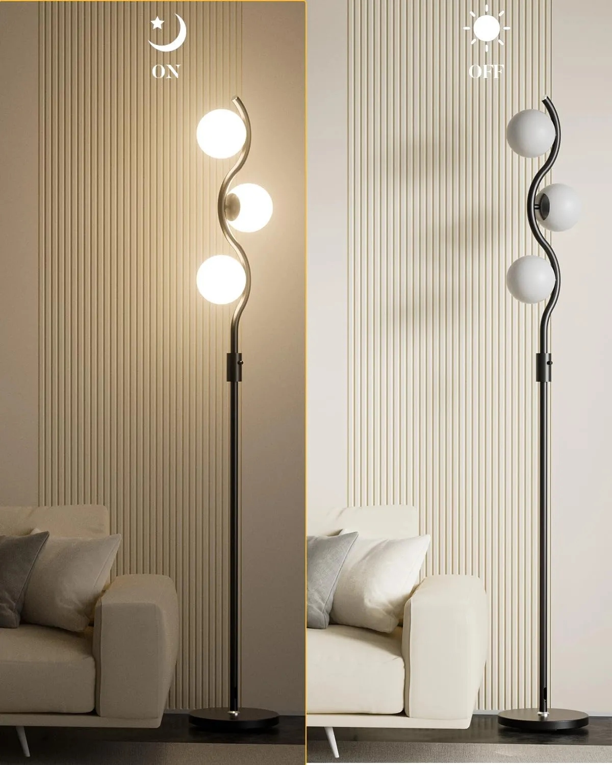 Lightdot 60IN 3-Globe Dimmable Black Floor Lamp Mid Century Standing Lamps with 3Pcs 3000K Warm White G9 Bulbs Stepless Brightness Adjustable Modern Tall Lamp Stable Base for Bedroom Office
