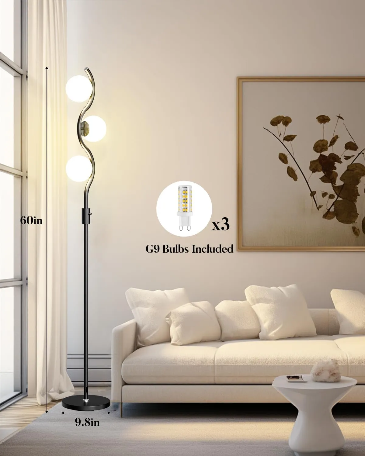 Lightdot 60IN 3-Globe Dimmable Black Floor Lamp Mid Century Standing Lamps with 3Pcs 3000K Warm White G9 Bulbs Stepless Brightness Adjustable Modern Tall Lamp Stable Base for Bedroom Office