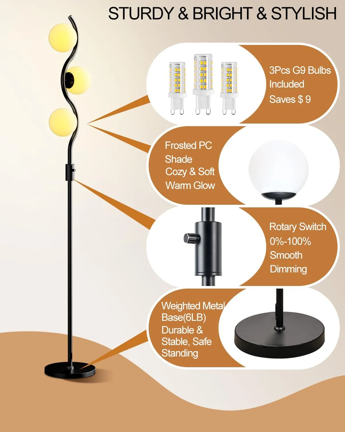 Lightdot 60IN 3-Globe Dimmable Black Floor Lamp Mid Century Standing Lamps with 3Pcs 3000K Warm White G9 Bulbs Stepless Brightness Adjustable Modern Tall Lamp Stable Base for Bedroom Office