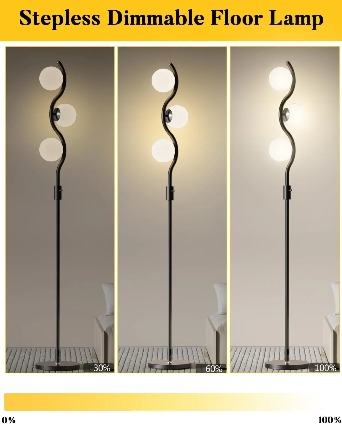 Lightdot 60IN 3-Globe Dimmable Black Floor Lamp Mid Century Standing Lamps with 3Pcs 3000K Warm White G9 Bulbs Stepless Brightness Adjustable Modern Tall Lamp Stable Base for Bedroom Office