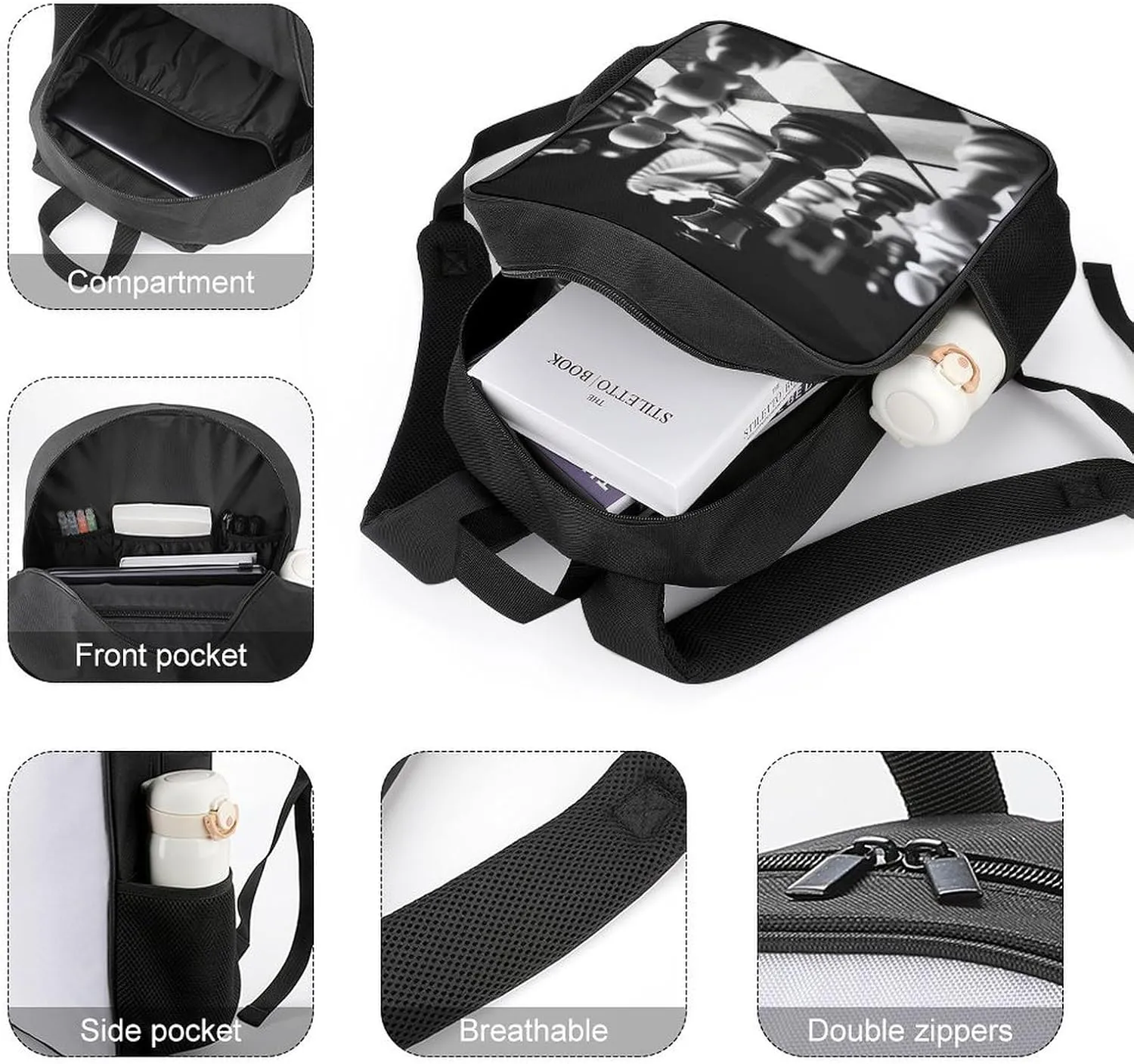 Lightweight Backpacks Cute Travel Bag Durable Black And White Chess Printing Small Travel Backpack For Women & Men