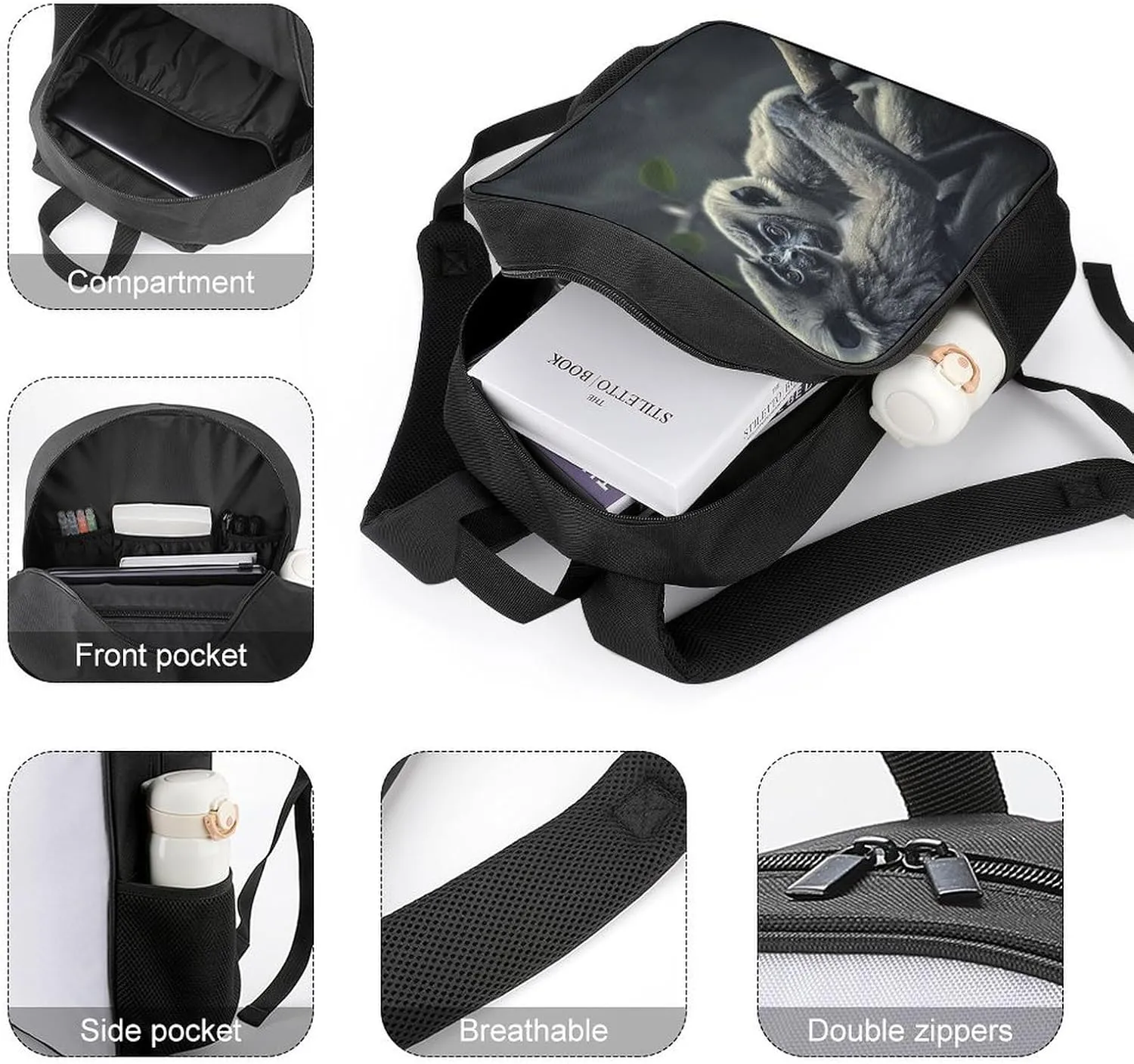 Lightweight Backpacks Cute Travel Bag Durable Black Monkey Printing Small Travel Backpack For Women & Men