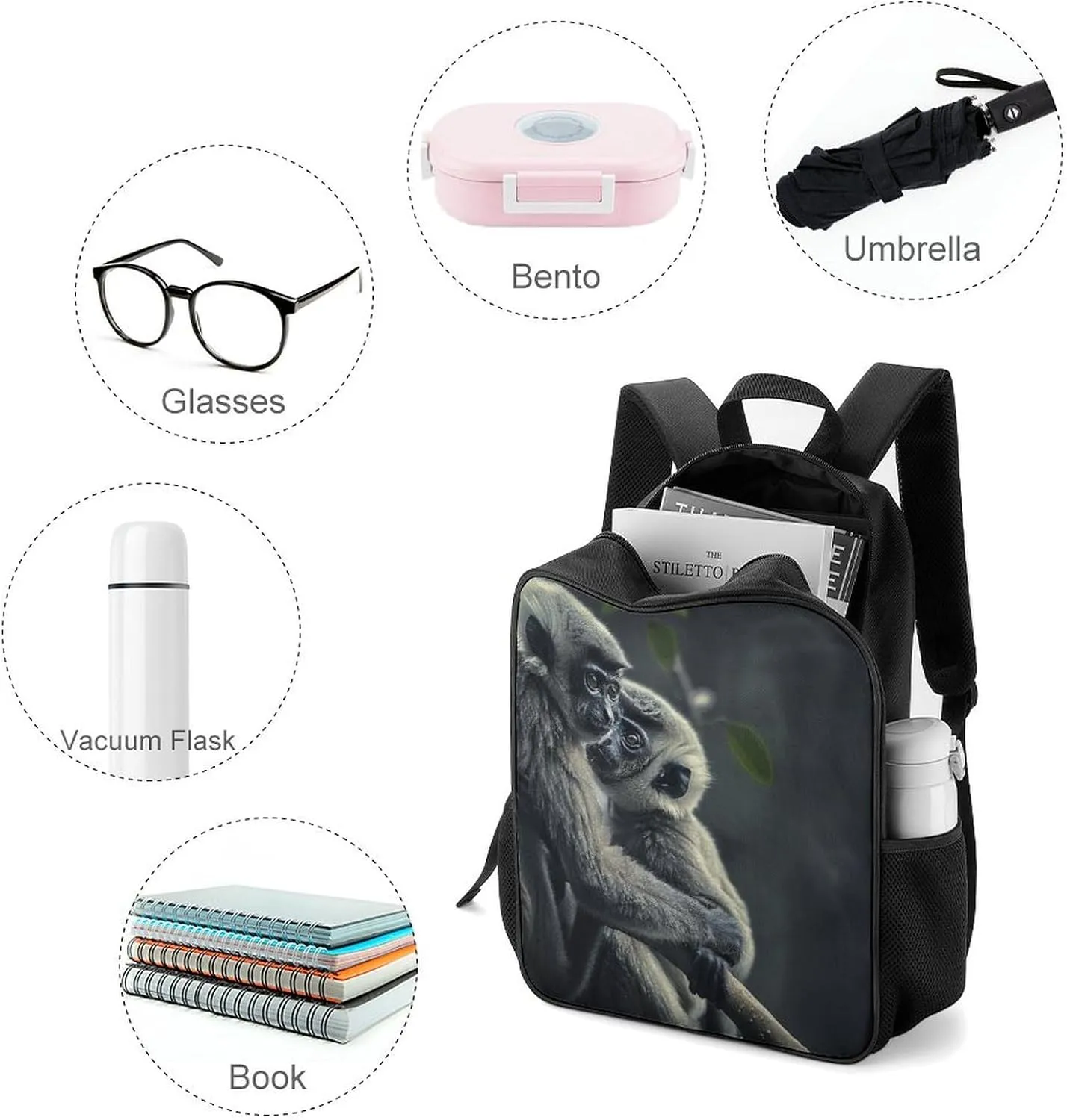 Lightweight Backpacks Cute Travel Bag Durable Black Monkey Printing Small Travel Backpack For Women & Men