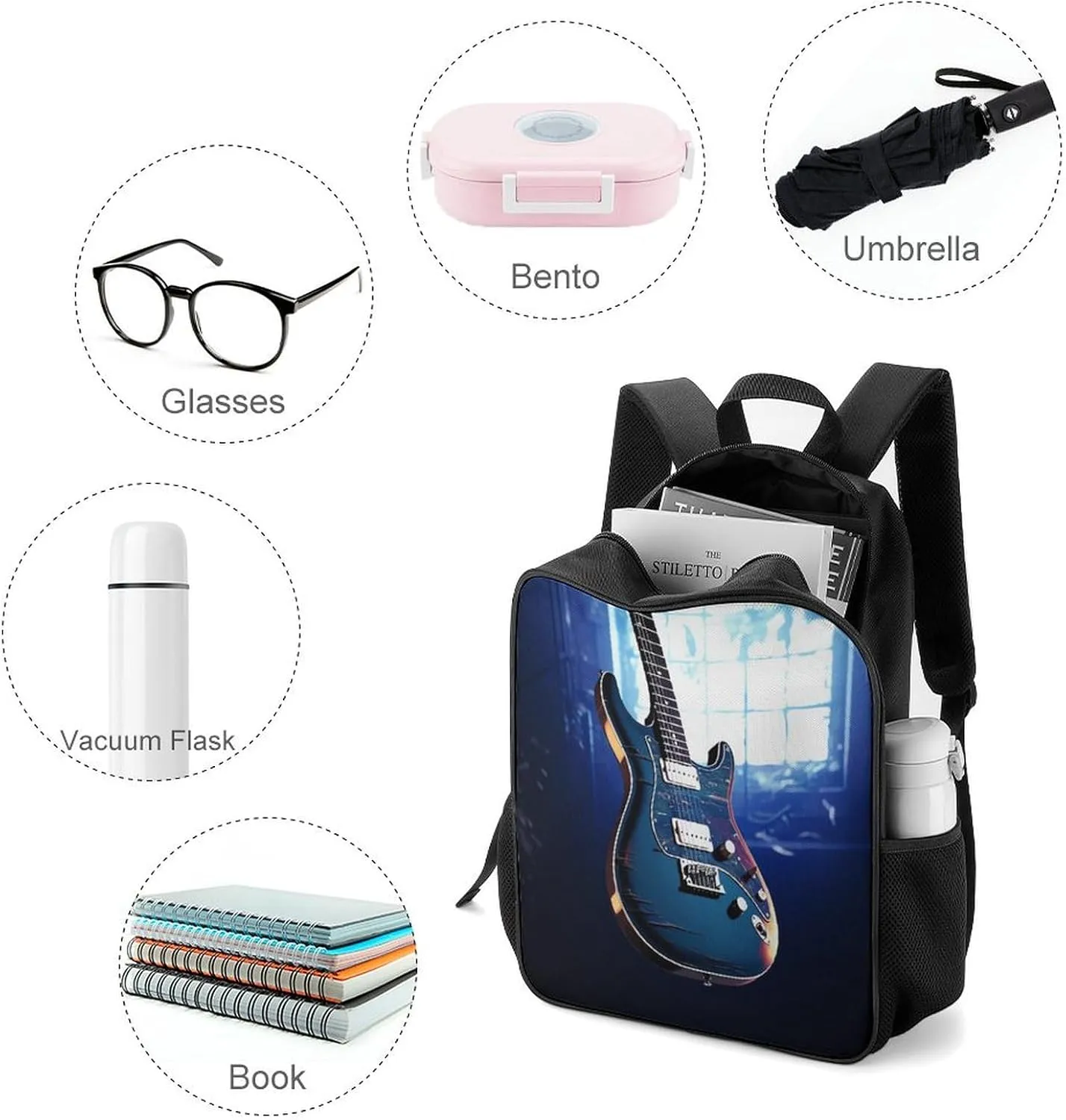 Lightweight Backpacks Cute Travel Bag Durable Blue Guitar Printing Small Travel Backpack For Women & Men