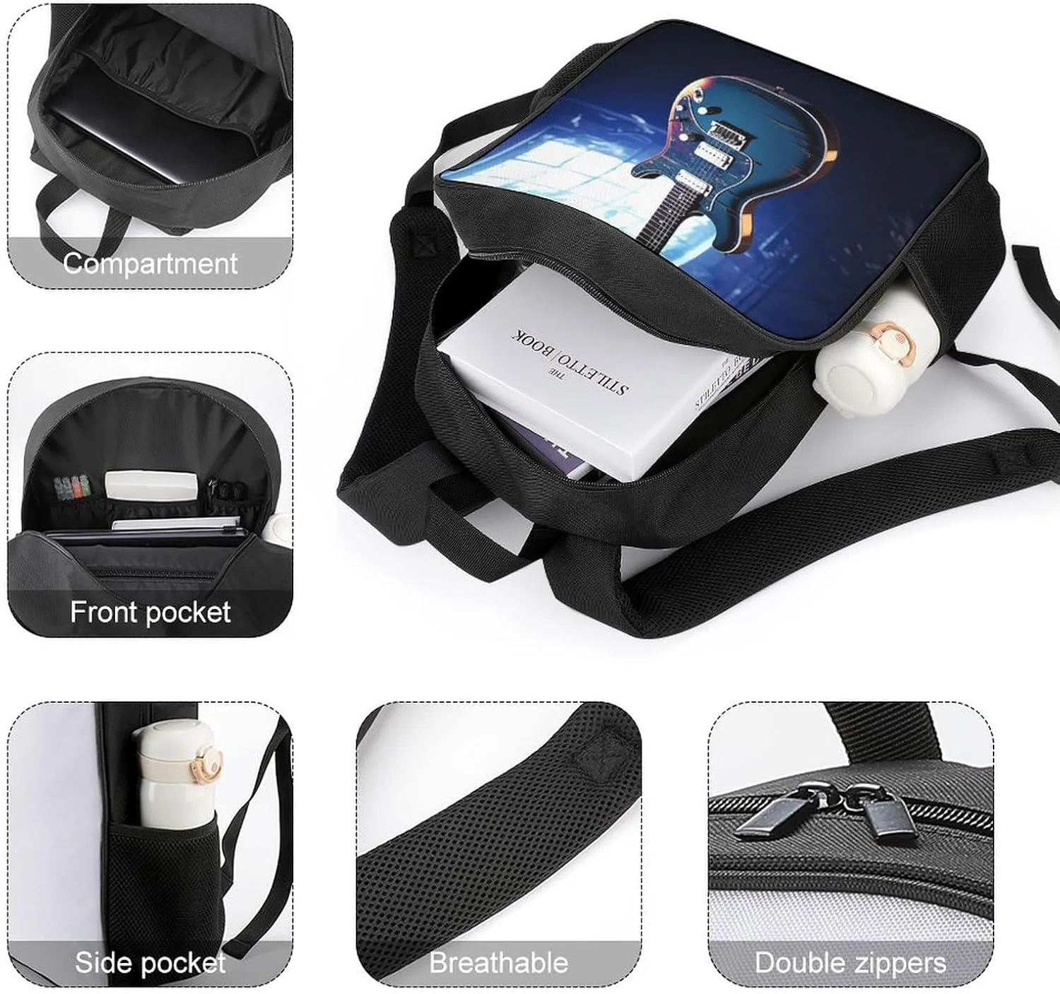 Lightweight Backpacks Cute Travel Bag Durable Blue Guitar Printing Small Travel Backpack For Women & Men