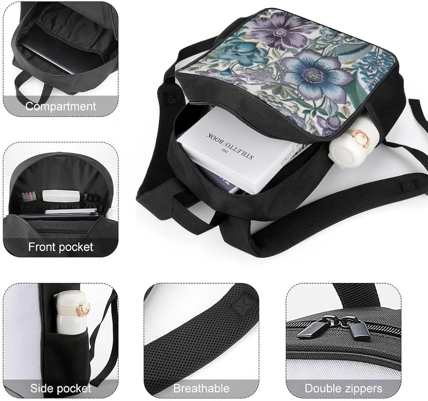 Lightweight Backpacks Cute Travel Bag Durable Blue Purple Flowers Printing Small Travel Backpack For Women & Men