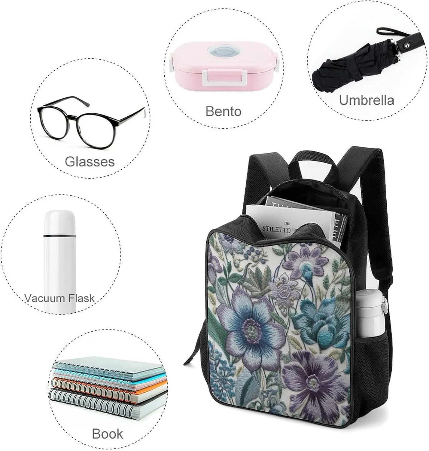 Lightweight Backpacks Cute Travel Bag Durable Blue Purple Flowers Printing Small Travel Backpack For Women & Men