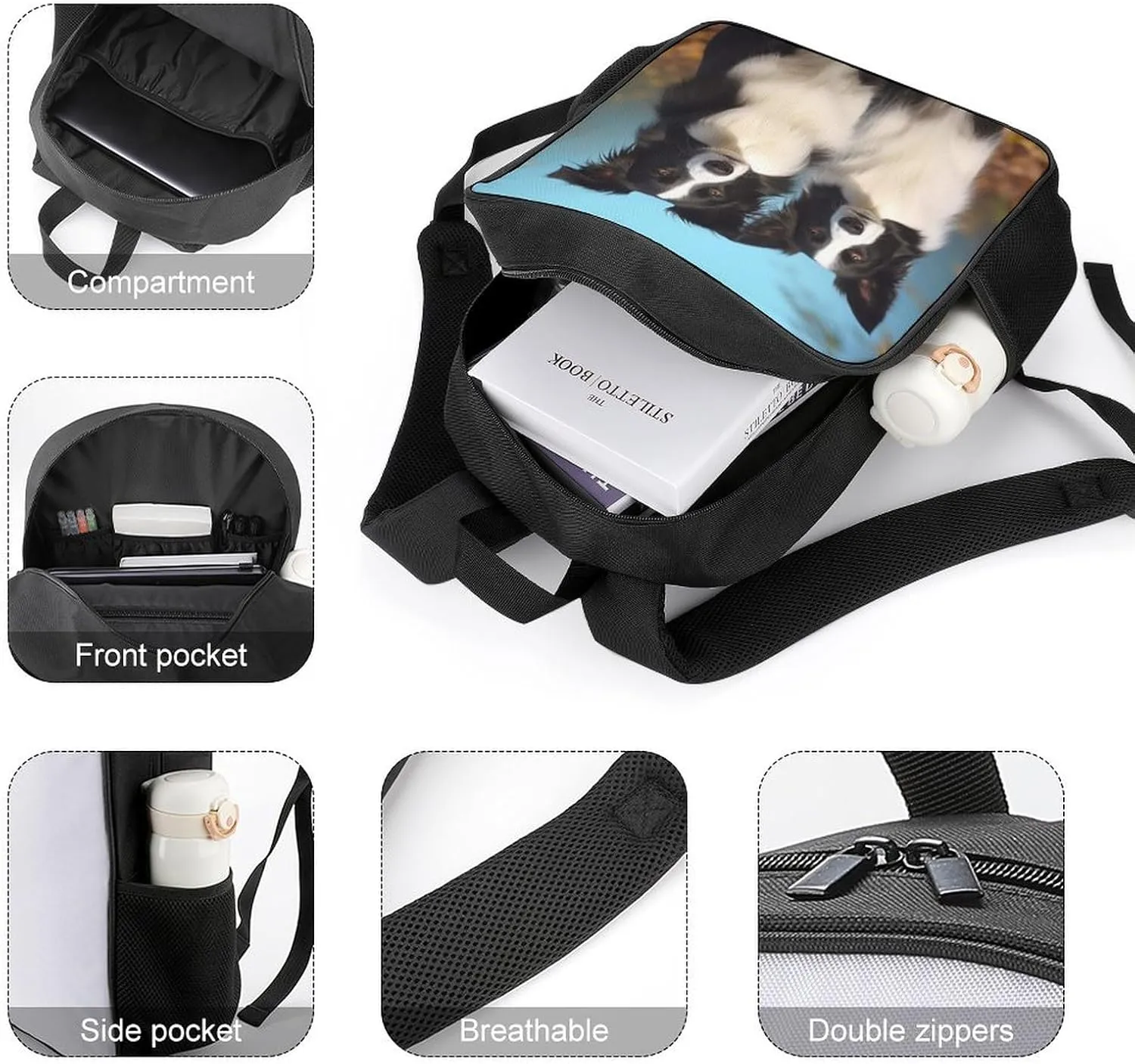 Lightweight Backpacks Cute Travel Bag Durable Border Collie Printing Small Travel Backpack For Women & Men