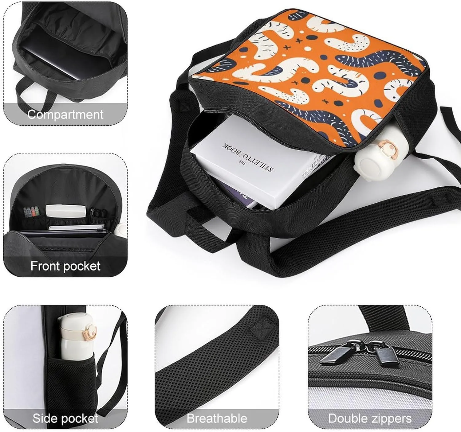 Lightweight Backpacks Cute Travel Bag Durable Cartoon White Worm Printing Small Travel Backpack For Women & Men