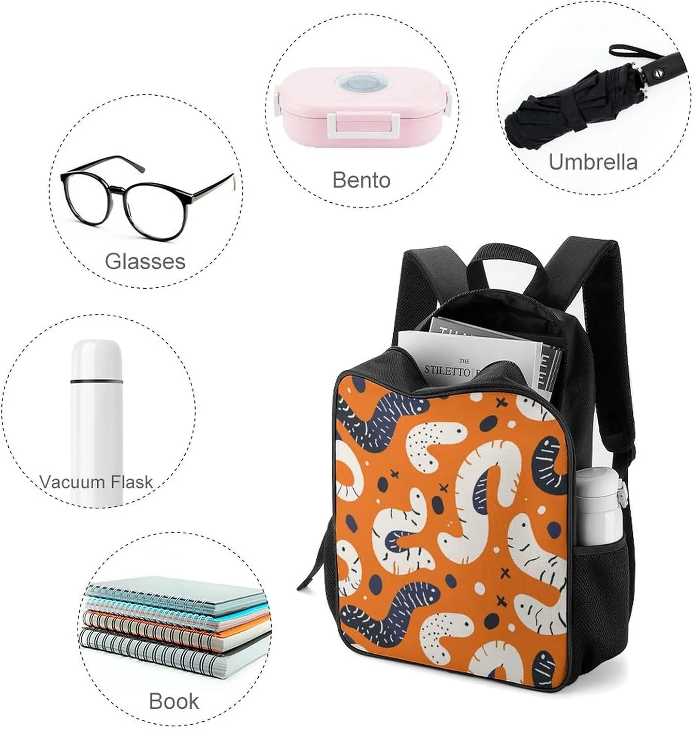 Lightweight Backpacks Cute Travel Bag Durable Cartoon White Worm Printing Small Travel Backpack For Women & Men
