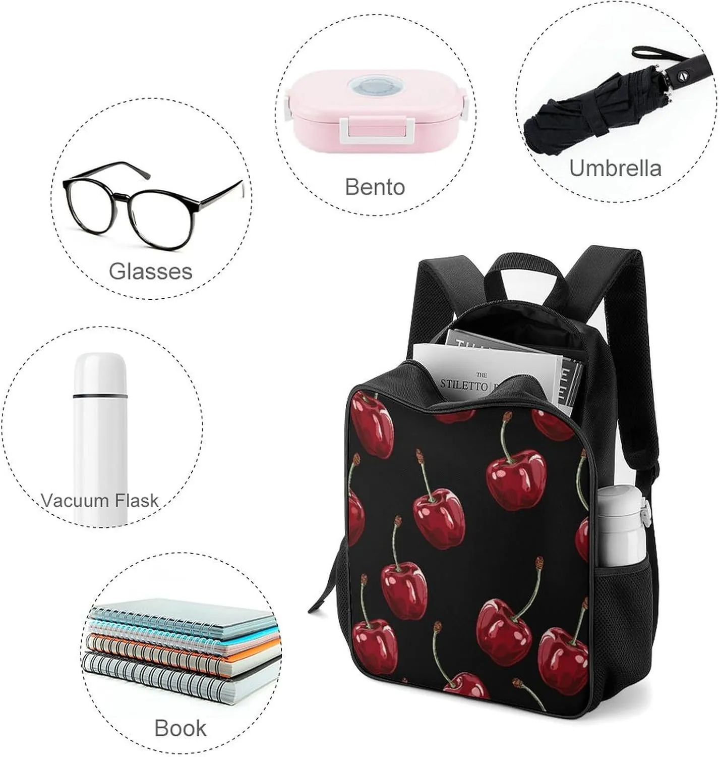 Lightweight Backpacks Cute Travel Bag Durable Cherry Cartoon Pattern Printing Small Travel Backpack For Women & Men