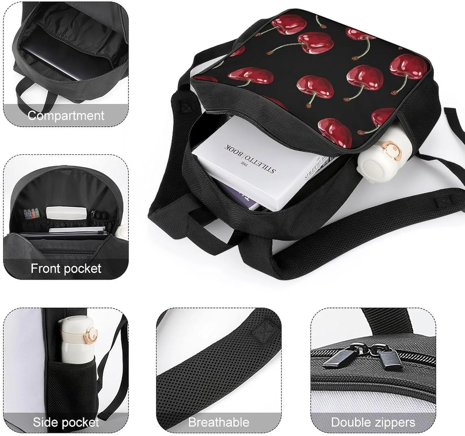 Lightweight Backpacks Cute Travel Bag Durable Cherry Cartoon Pattern Printing Small Travel Backpack For Women & Men
