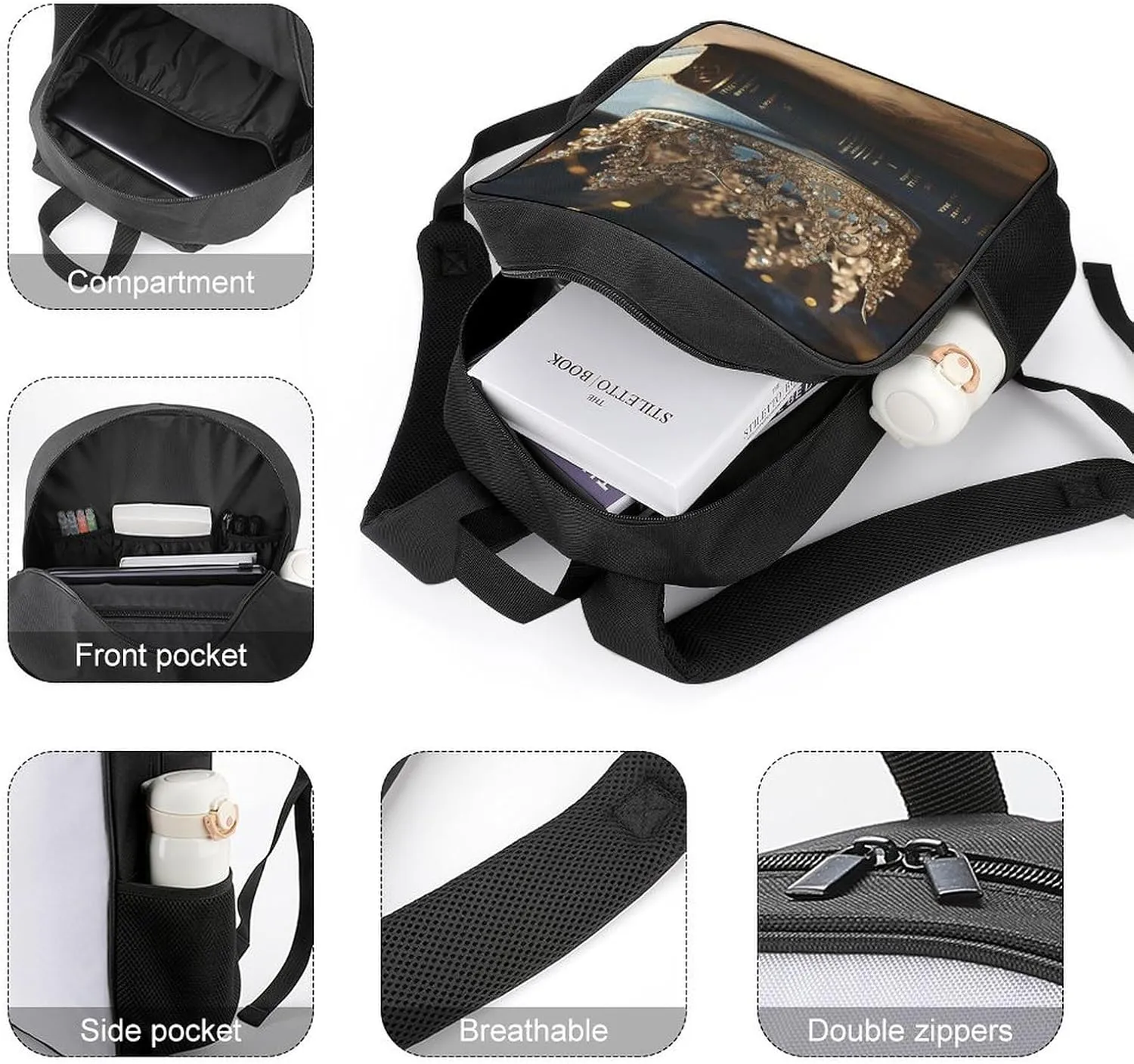 Lightweight Backpacks Cute Travel Bag Durable Crown Vintage Book Printing Small Travel Backpack For Women & Men