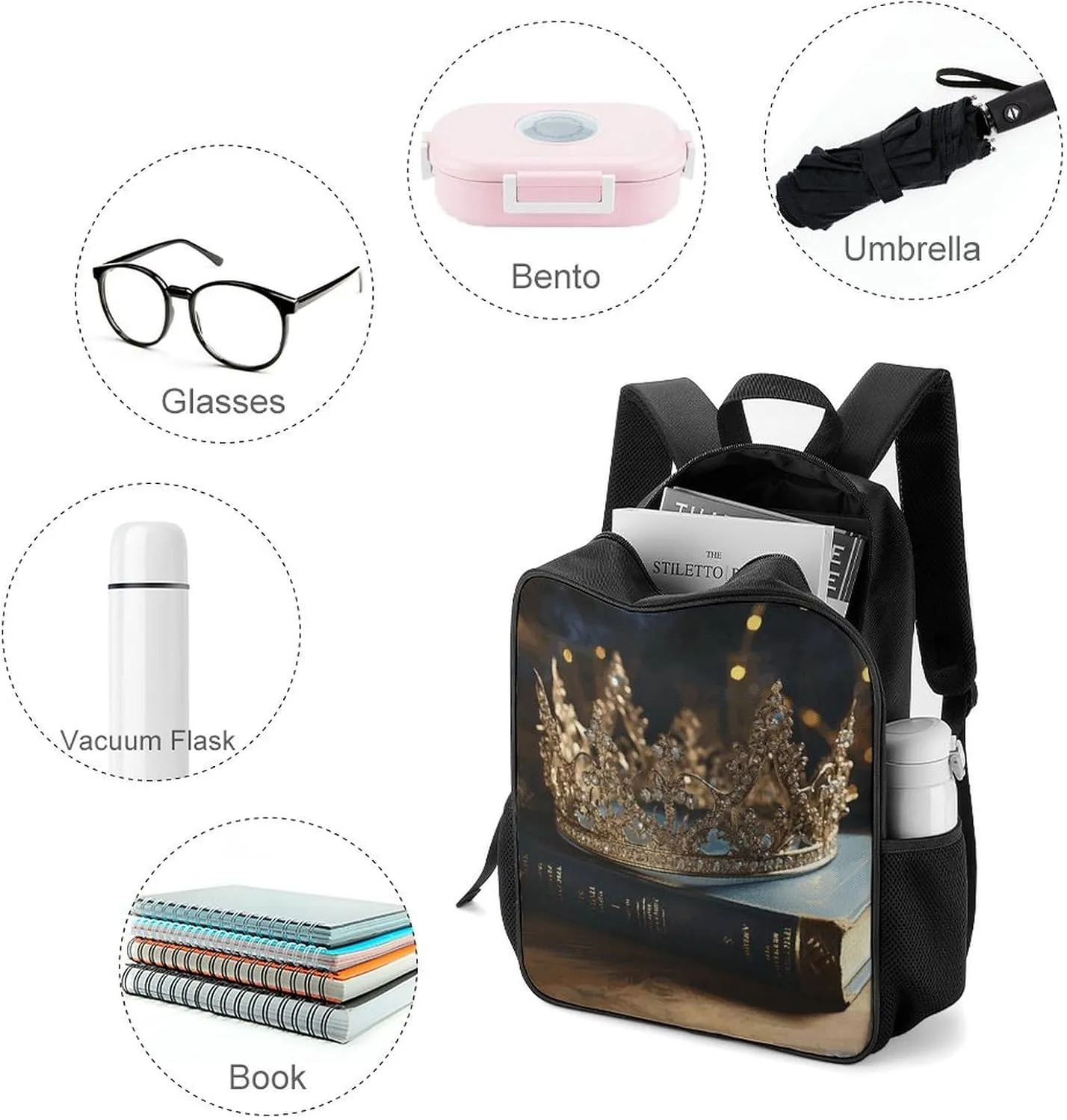 Lightweight Backpacks Cute Travel Bag Durable Crown Vintage Book Printing Small Travel Backpack For Women & Men