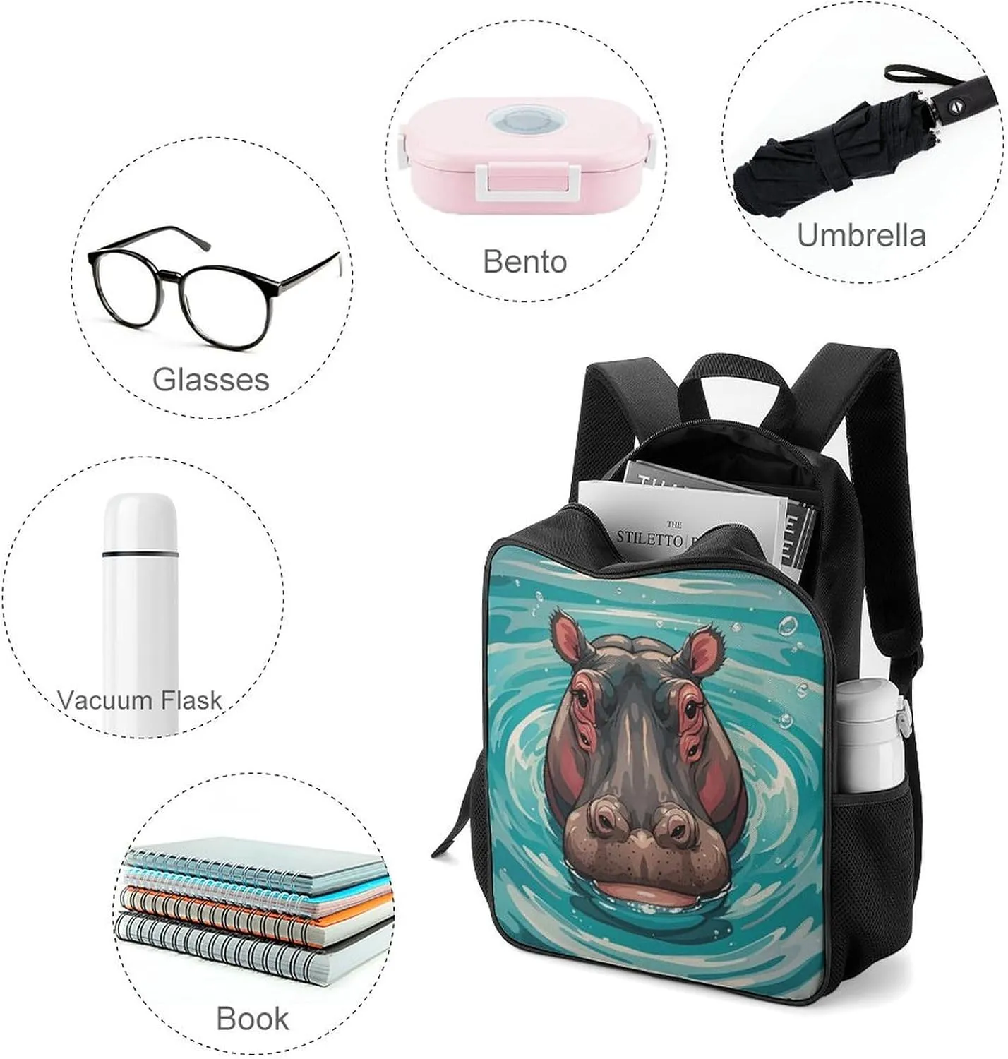 Lightweight Backpacks Cute Travel Bag Durable Cute Hippopotamus Printing Small Travel Backpack For Women & Men