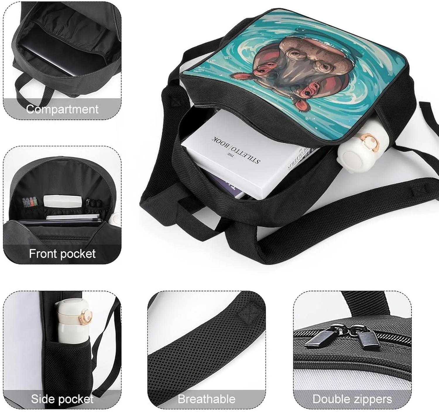 Lightweight Backpacks Cute Travel Bag Durable Cute Hippopotamus Printing Small Travel Backpack For Women & Men