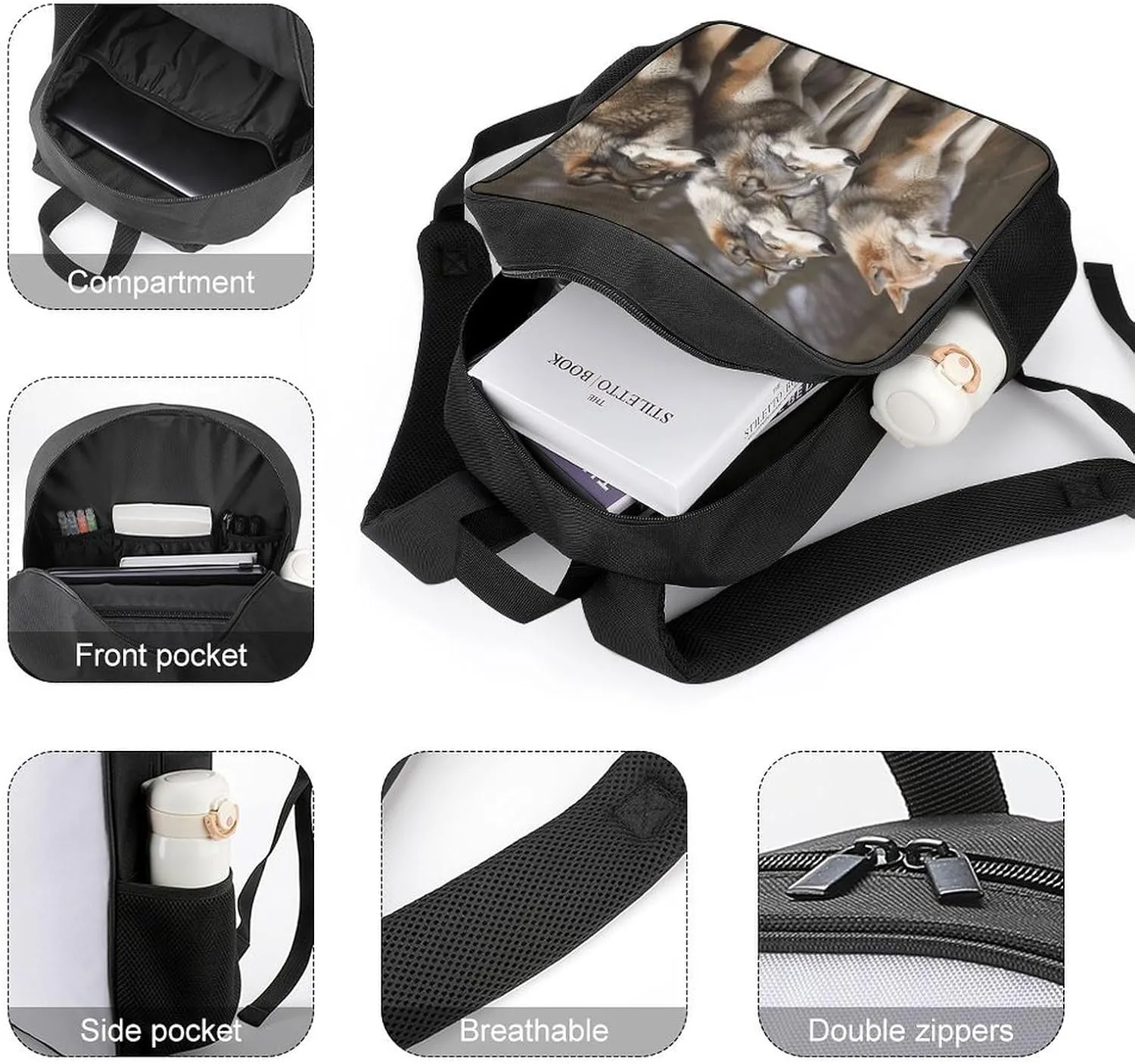 Lightweight Backpacks Cute Travel Bag Durable Different Colored Wolves Printing Small Travel Backpack For Women & Men