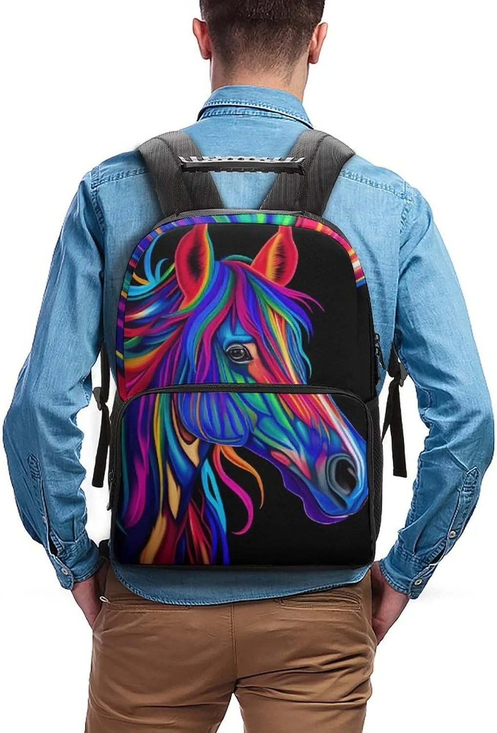 Lightweight Daypack Backpack for Sports Travel Running - Large Capacity Multipurpose Anti-Theft Bookbag, Rainbow Wild Horse Head Art Laptop Backpack Daypack