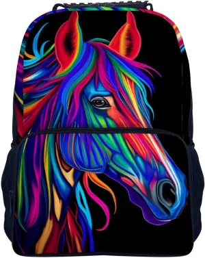 Lightweight Daypack Backpack for Sports Travel Running - Large Capacity Multipurpose Anti-Theft Bookbag, Rainbow Wild Horse Head Art Laptop Backpack Daypack