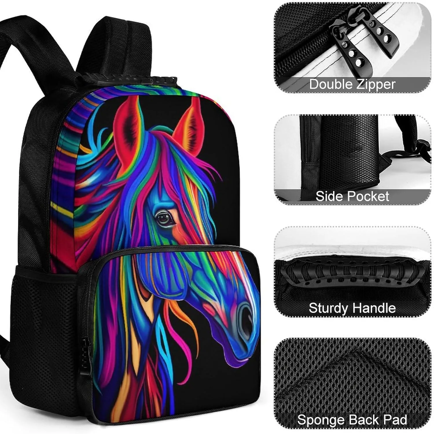Lightweight Daypack Backpack for Sports Travel Running - Large Capacity Multipurpose Anti-Theft Bookbag, Rainbow Wild Horse Head Art Laptop Backpack Daypack