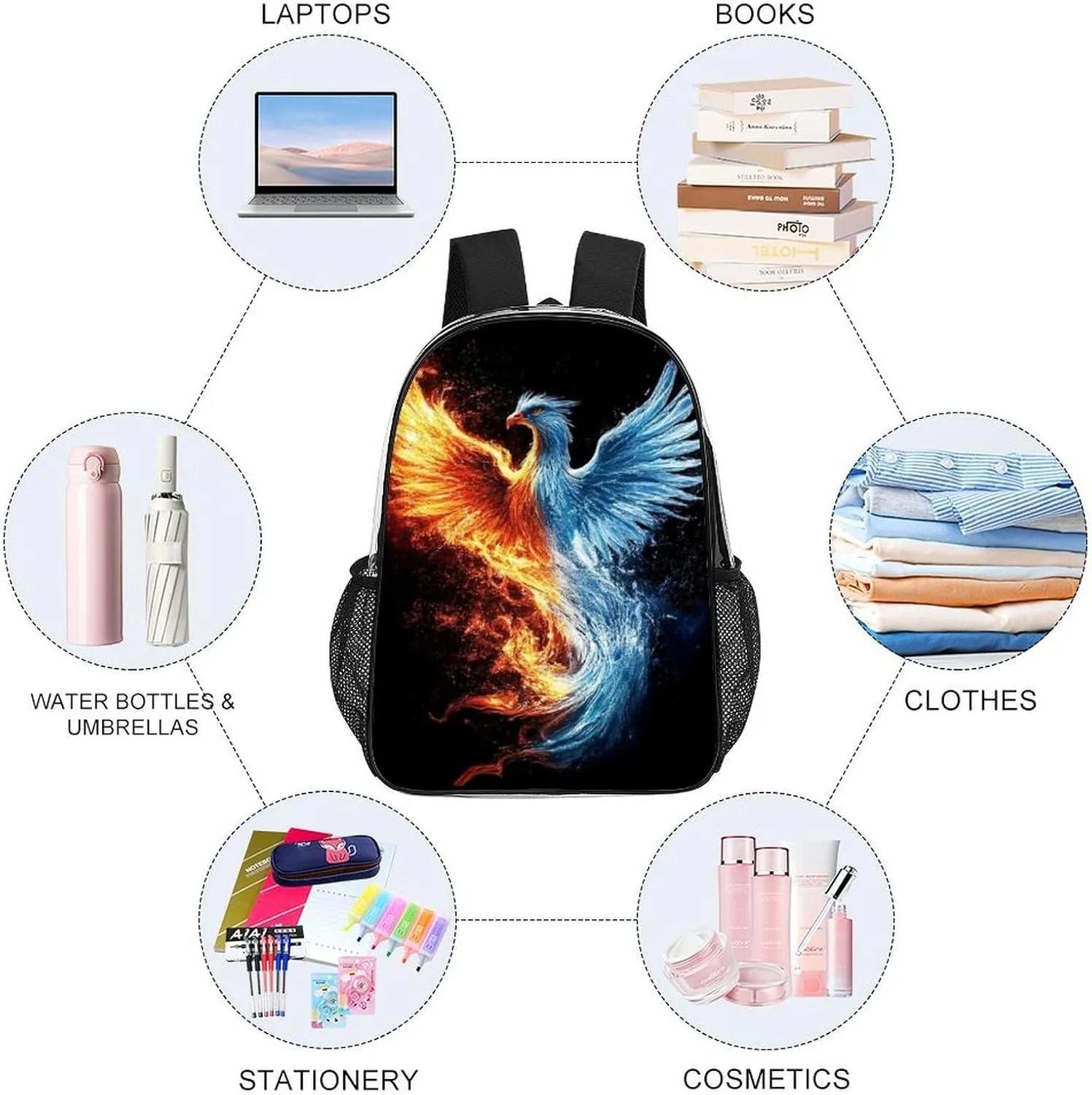 Lightweight Daypack Backpack for Sports Travel Running - Large Capacity Multipurpose Transparent Bookbag, Ice Water Fire Flame Bird Art Laptop Backpack Daypack