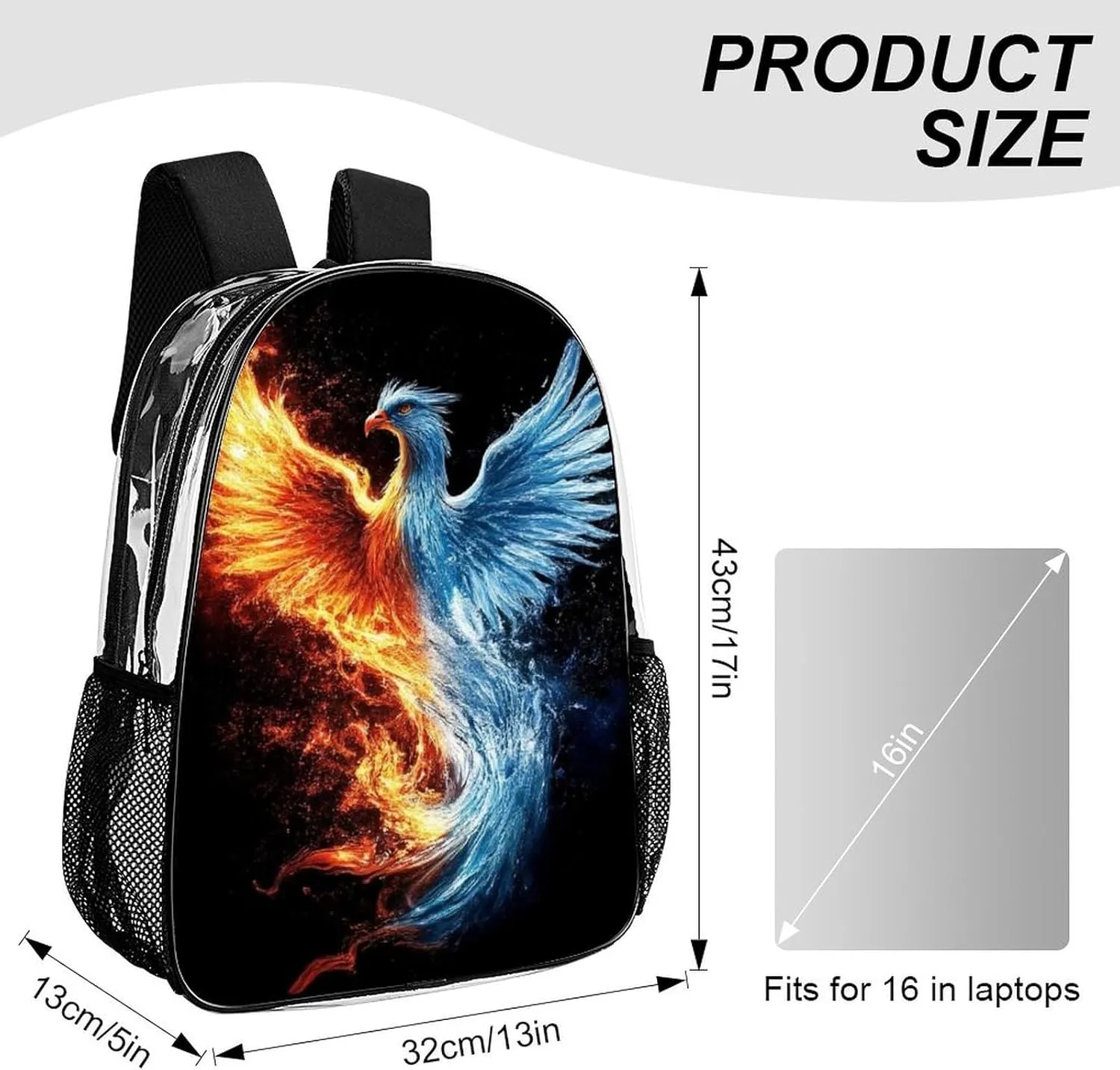 Lightweight Daypack Backpack for Sports Travel Running - Large Capacity Multipurpose Transparent Bookbag, Ice Water Fire Flame Bird Art Laptop Backpack Daypack