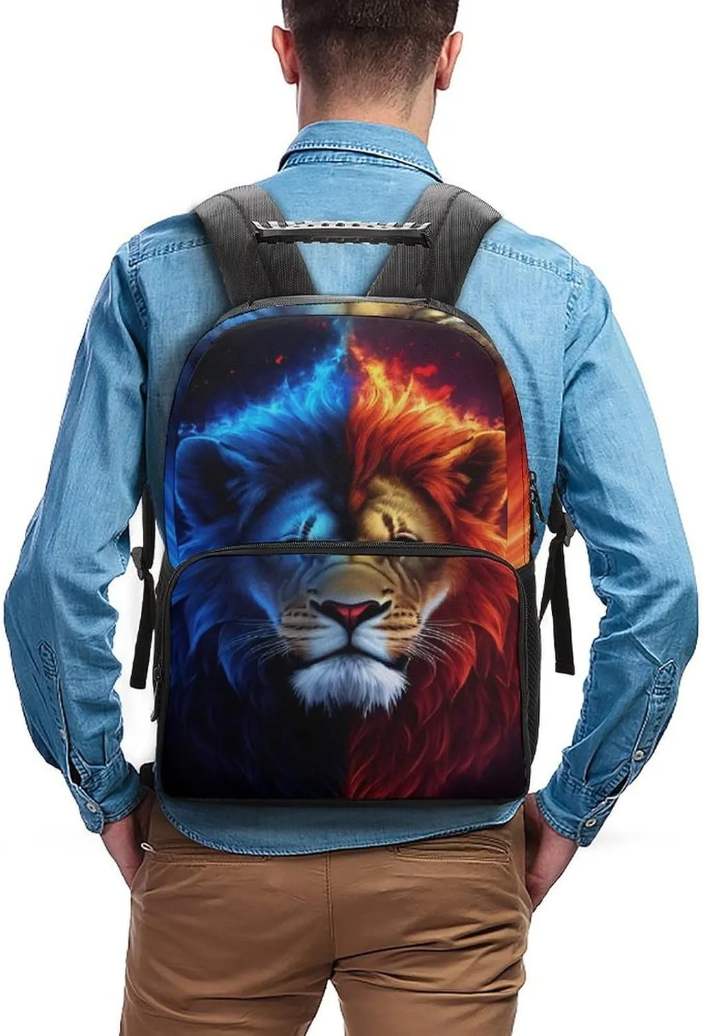 Lightweight Daypack Backpack for Trekking Work Running - Big Capacity Multipurpose Anti-Theft Bookbag, Cool Lion Blue And Red Fire Surreal Style Art Business Computer Bag