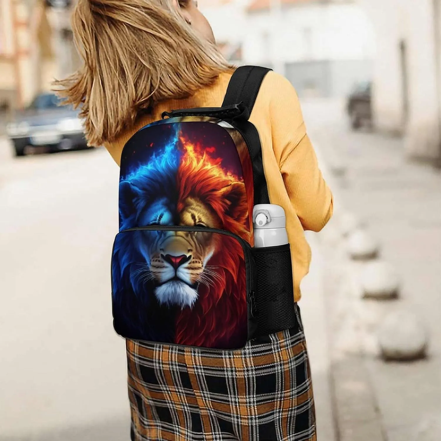 Lightweight Daypack Backpack for Trekking Work Running - Big Capacity Multipurpose Anti-Theft Bookbag, Cool Lion Blue And Red Fire Surreal Style Art Business Computer Bag