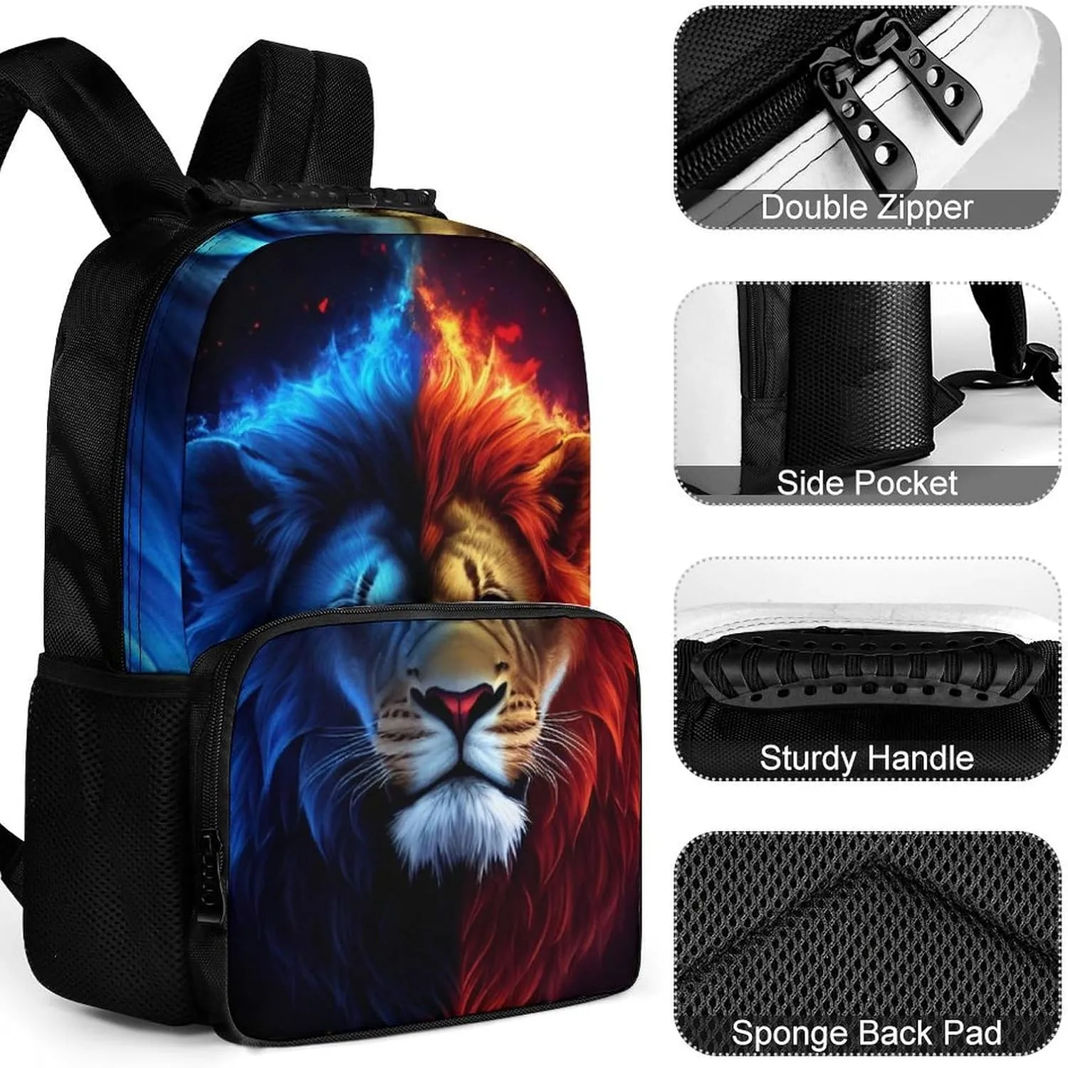 Lightweight Daypack Backpack for Trekking Work Running - Big Capacity Multipurpose Anti-Theft Bookbag, Cool Lion Blue And Red Fire Surreal Style Art Business Computer Bag