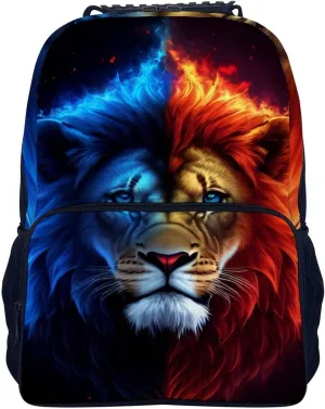 Lightweight Daypack Backpack for Trekking Work Running - Big Capacity Multipurpose Anti-Theft Bookbag, Cool Lion Blue And Red Fire Surreal Style Art Business Computer Bag