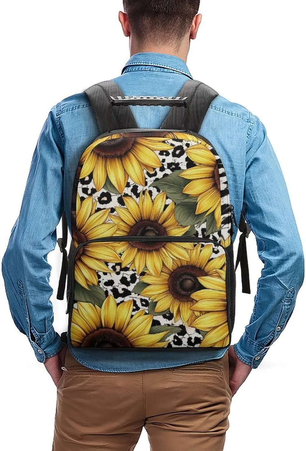 Lightweight Daypack Bookbag for Trekking Business Walking Cycling - Big Capacity Anti-Theft Multipurpose Carry On Bag, 80S Vintage Sunflower Leopard Cow Print Business Computer Bag
