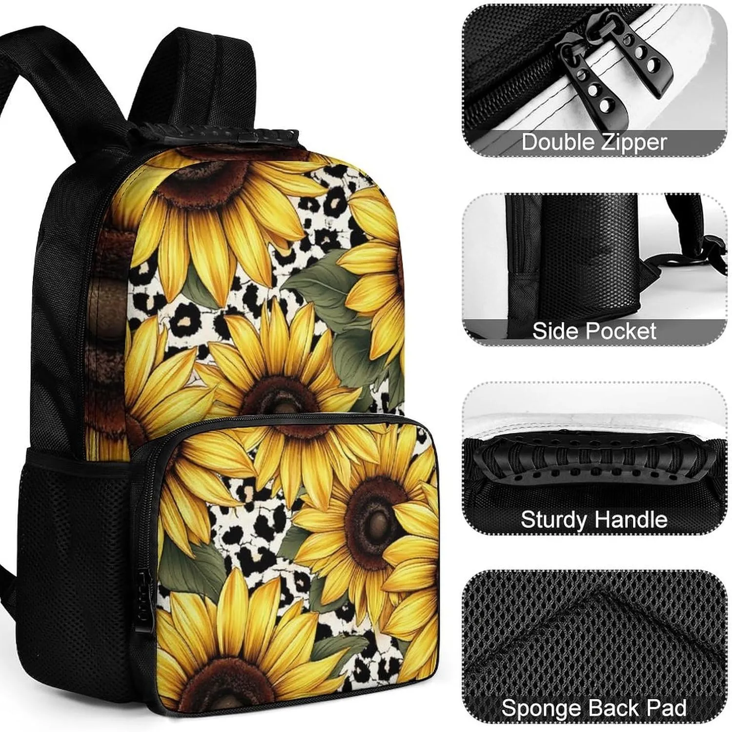 Lightweight Daypack Bookbag for Trekking Business Walking Cycling - Big Capacity Anti-Theft Multipurpose Carry On Bag, 80S Vintage Sunflower Leopard Cow Print Business Computer Bag