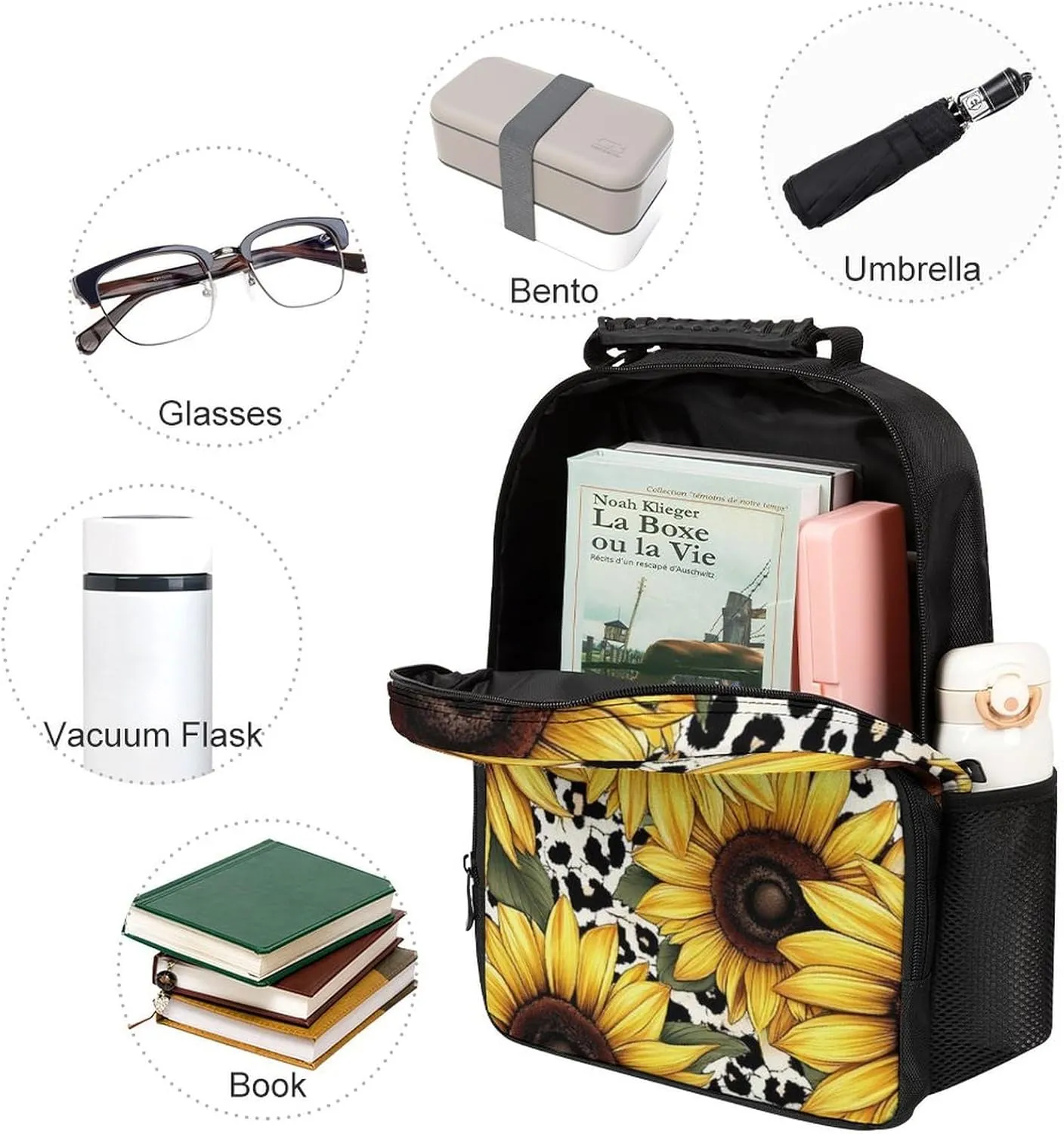 Lightweight Daypack Bookbag for Trekking Business Walking Cycling - Big Capacity Anti-Theft Multipurpose Carry On Bag, 80S Vintage Sunflower Leopard Cow Print Business Computer Bag