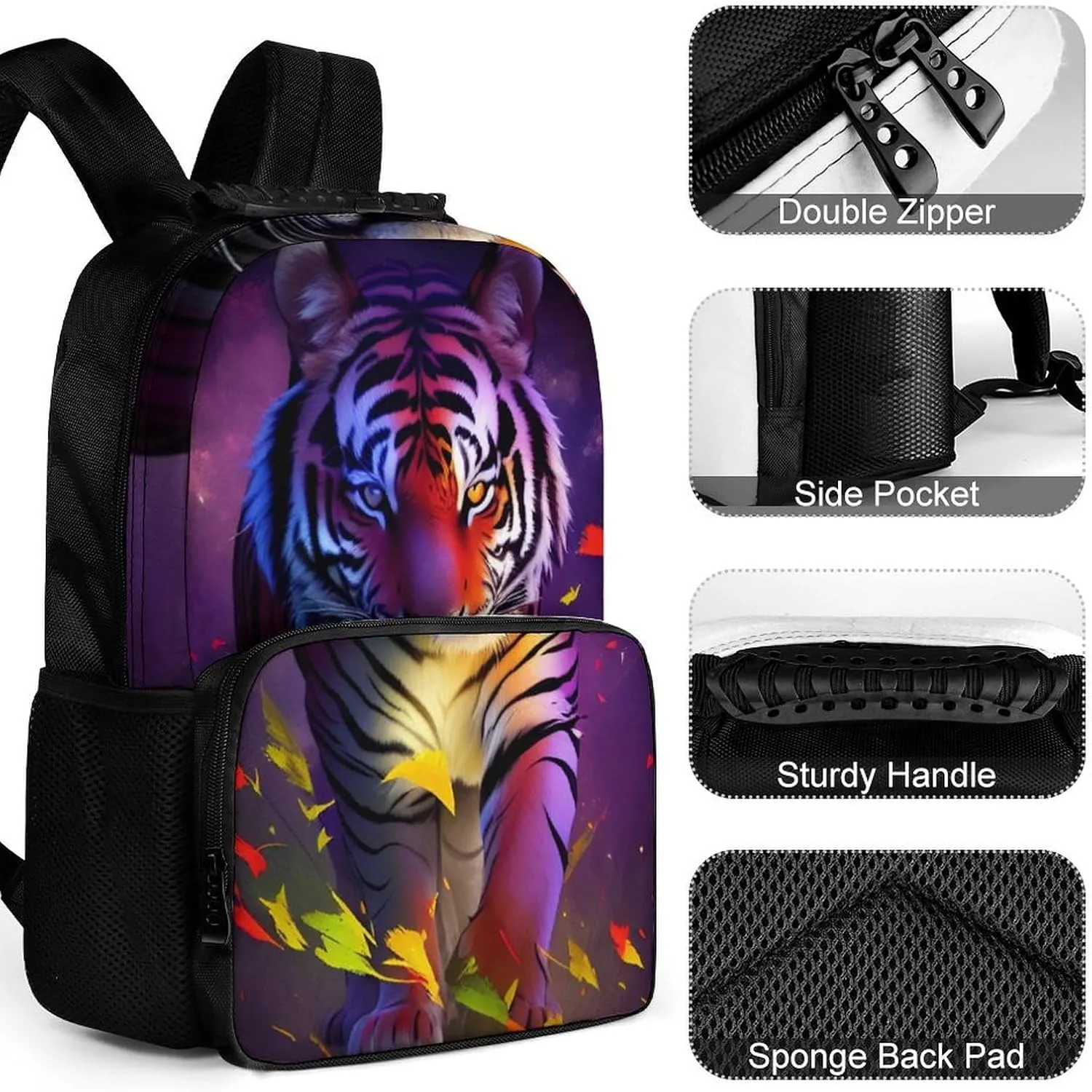 Lightweight Daypack Bookbag for Trekking Business Walking Cycling - Big Capacity Anti-Theft Multipurpose Carry On Bag, Beautiful Wild Animal Tiger Abstract Art Business Computer Bag