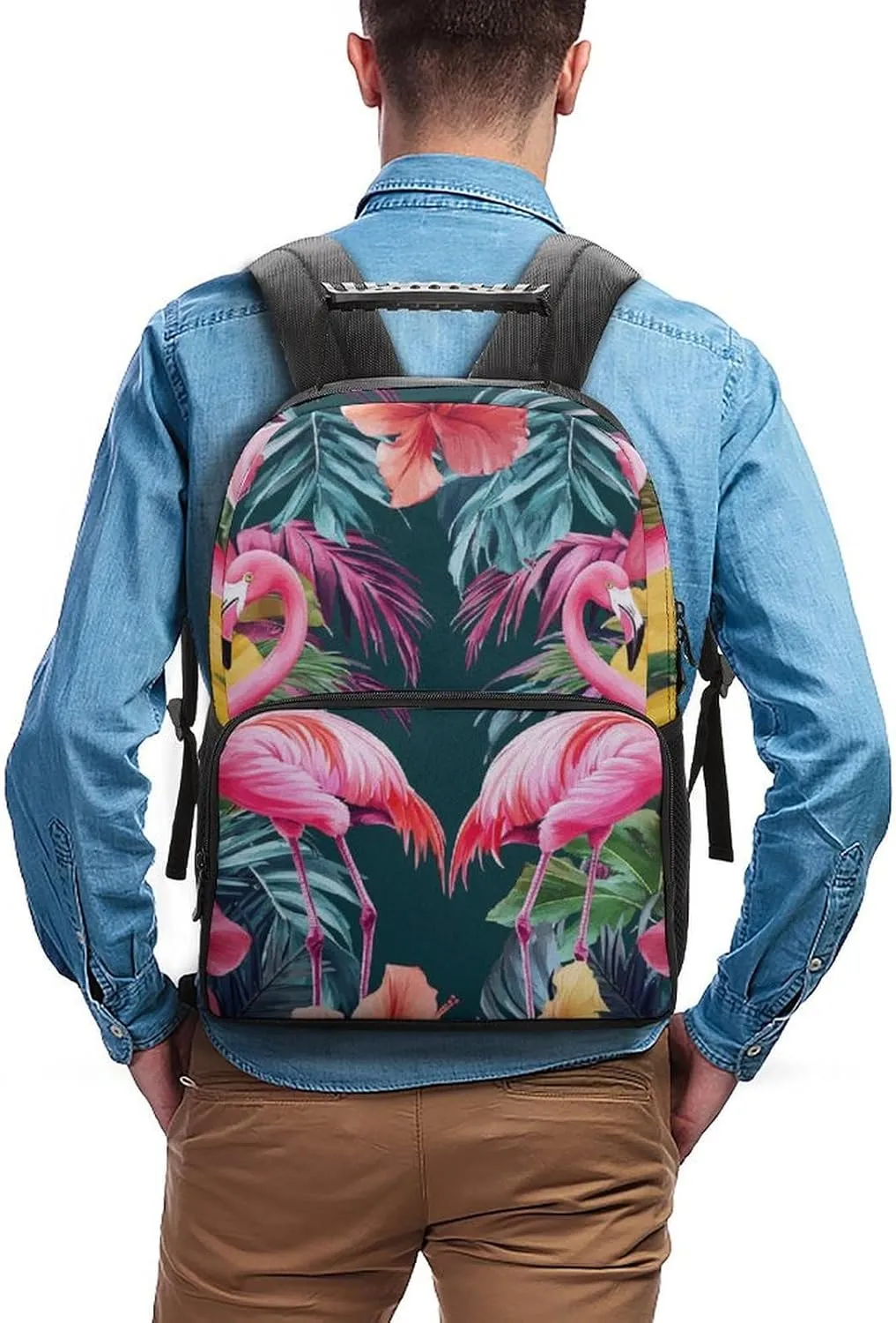 Lightweight Daypack Bookbag for Trekking Business Walking Cycling - Big Capacity Anti-Theft Multipurpose Carry On Bag, Pink Summer Holiday Palm Flower Flamingo Art Business Computer Bag