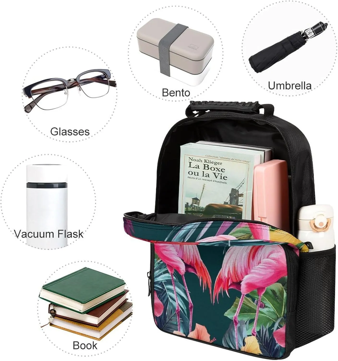 Lightweight Daypack Bookbag for Trekking Business Walking Cycling - Big Capacity Anti-Theft Multipurpose Carry On Bag, Pink Summer Holiday Palm Flower Flamingo Art Business Computer Bag
