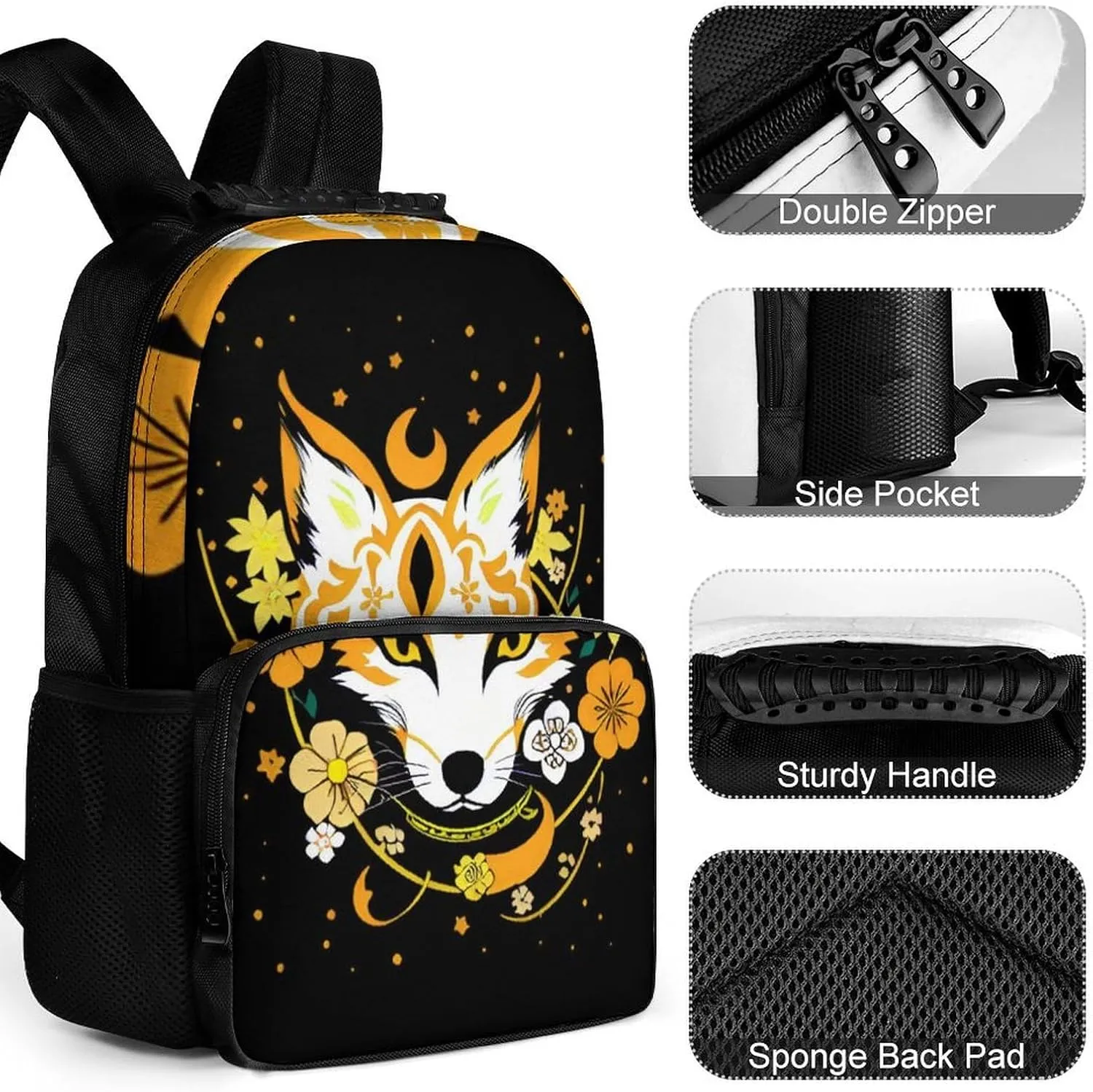Lightweight Daypack for Camping Business Walking Cycling - Large Capacity Anti-Theft Multipurpose Bookbag, Japanese Kitsune Fox Magical Flowers Art Gym Outdoor Hiking Backpack